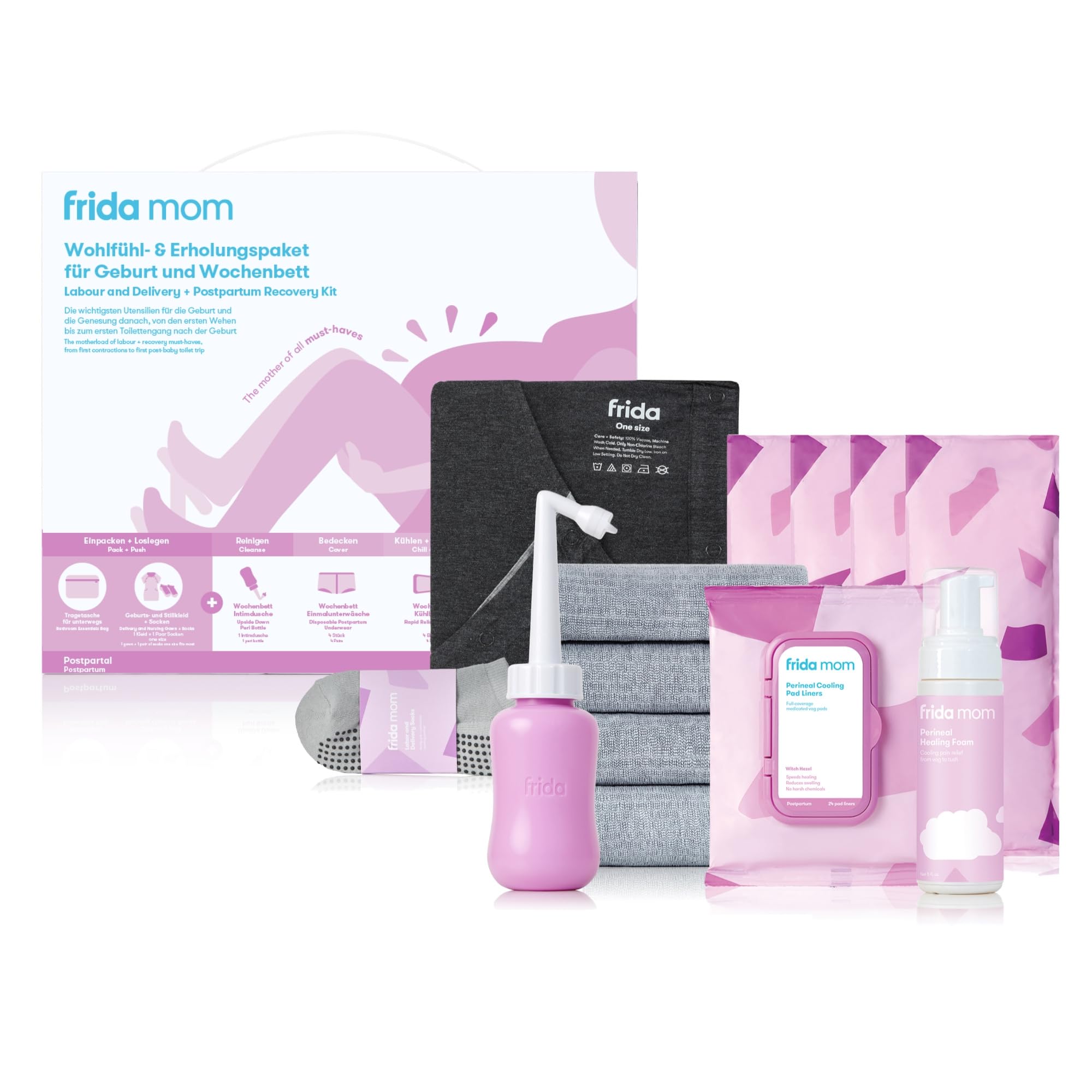 Frida Mom Geburt & Wochenbett Set | Komplettpaket mit Stillkleid, Intimpflege, Kühlbinden & Unterwäsche | 5-stufiges Erholungsprogramm für Mamas | Ideal für Kliniktasche & Baby-Party Angebot bei HelloDeals