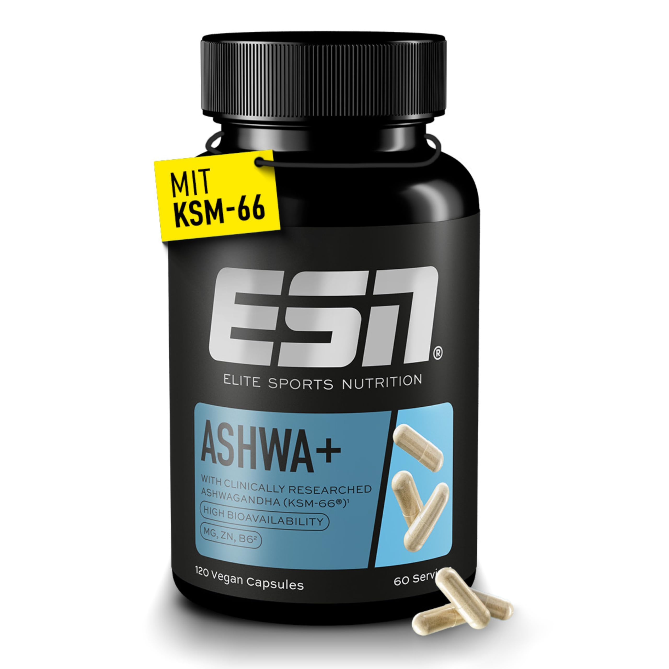 ESN Ashwa +, Ashwagandha hochdosiert, patentiertes KSM 66®, 120 Kapseln, mit Magnesium, Vitamin B6 & Zink - made in Germany 77 g (1er Pack) Angebot bei HelloDeals