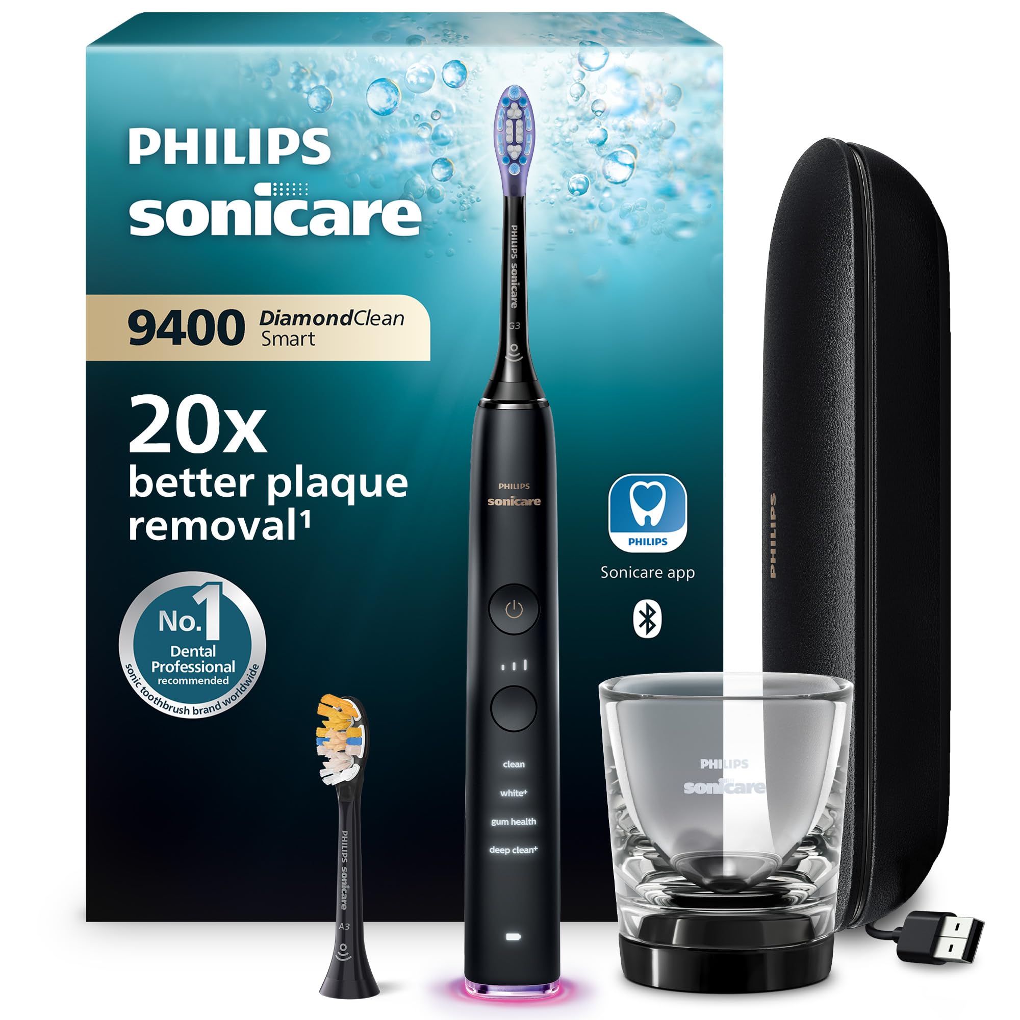 Philips Sonicare DiamondClean Smart 9400 elektrische Zahnbürste, Schallzahnbürste mit App, Drucksensor, Bürstenkopferkennung, 4 Putzmodi und 3 Intensitätsstufen, Schwarz, Modell HX9917/89 Sonicare 9400, Schwarz, 2 Bürstenköpfe Angebot bei HelloDeals