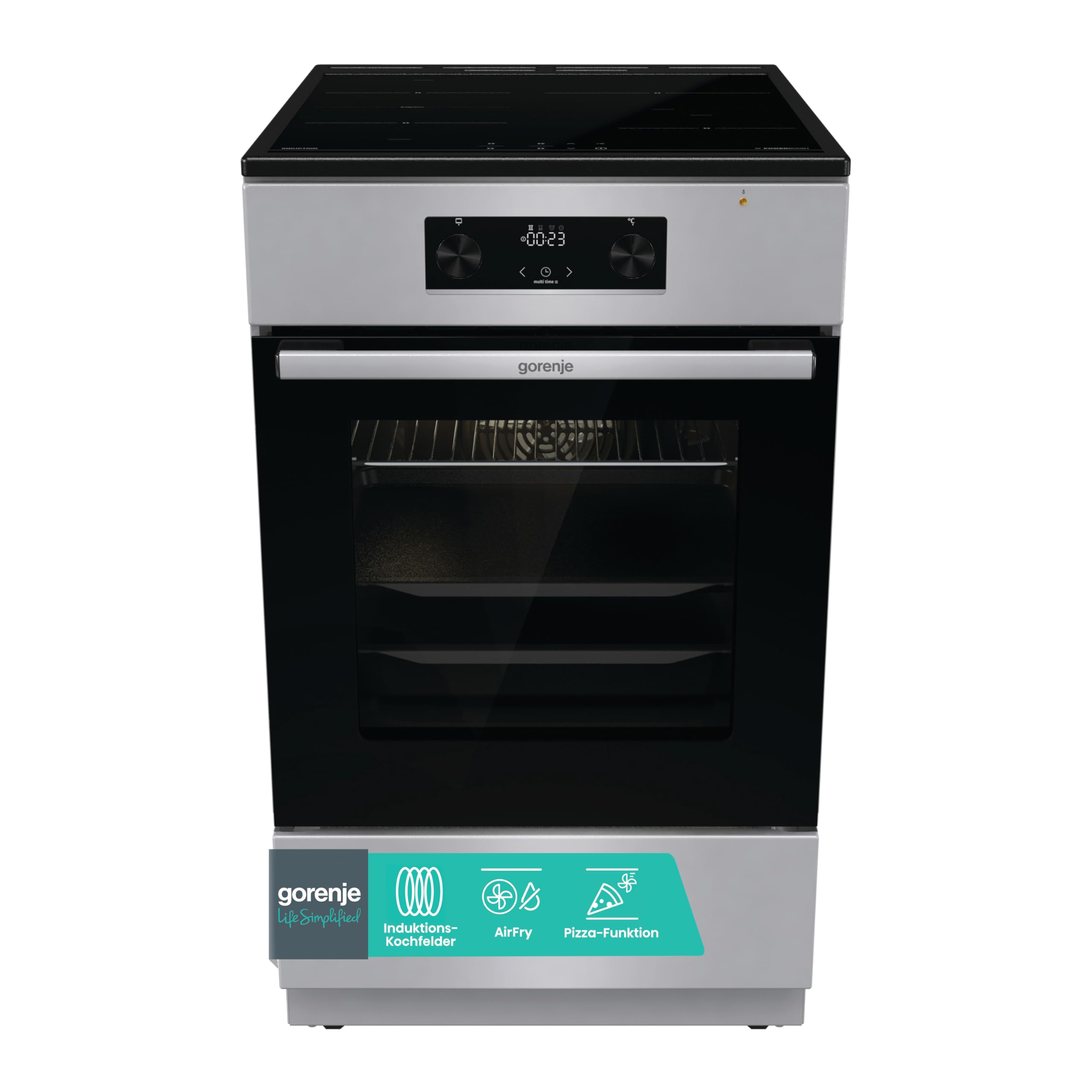 Gorenje GEIT5C61SPG Standherd mit Induktionskochfeld, 50 cm, 70 Liter,Silber, PerfectGrill, AirFry, FrozenBake, Pizza Mode 300°C, AquaClean, Made in Europe, inox Edelstahl mit Induktionskochfeld 10 Beheizungsarten Angebot bei HelloDeals