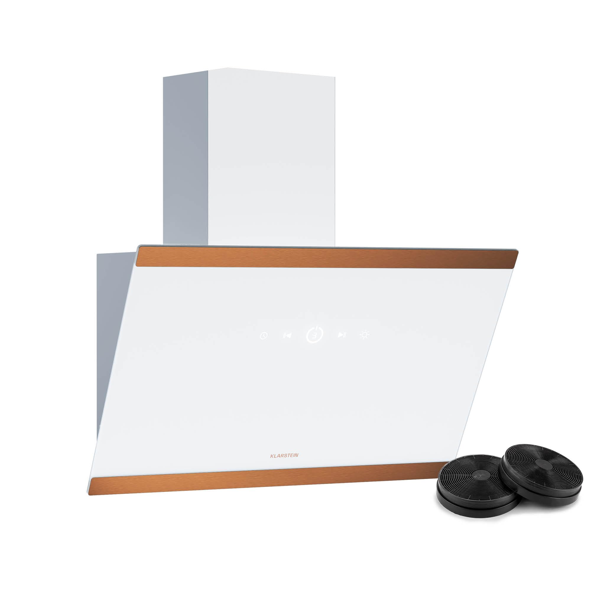 Klarstein FlashLine 60 Dunstabzugshaube - 60 cm Abzugshaube, Touchscreen, 524 m³/h, A++ Energieeffizienz, LED-Beleuchtung, Leise 34,5 dB, Weiß/Kupfer, Abluft & Umluft 60 cm Weiß / Kupfer Angebot bei HelloDeals