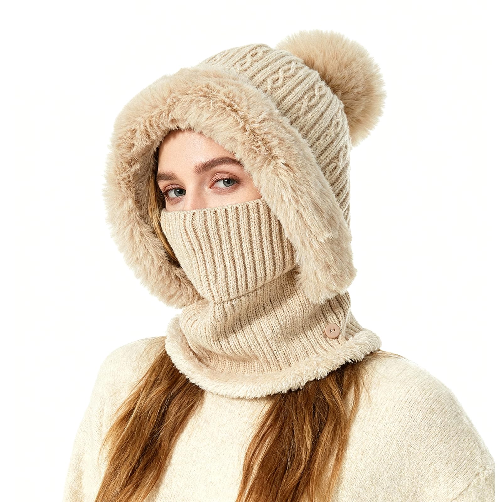 TAGVO Winter Warm Strickmütze Halswärmer-Sets, Damen Wintermütze Flexible Strickmütze mit Haarball, Balaclava Sturmhaube Weiches, Dickes Fleece gefüttert, Verstellbare Gesichtsmaske für Frauen Einheitsgröße Beige Angebot bei HelloDeals