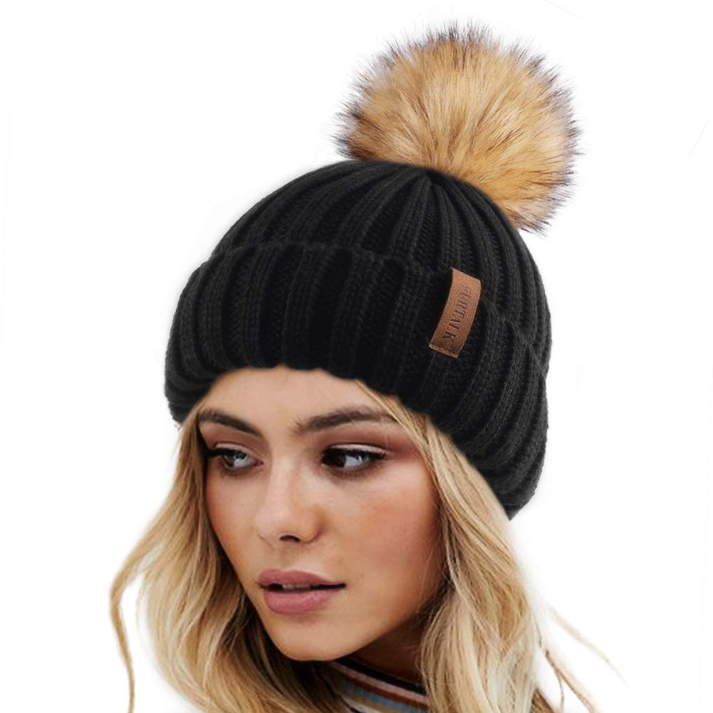FURTALK Wintermütze warme Strickmütze Damen Mütze mit Kunstpelz Bommel Schwarz Einheitsgröße Angebot bei HelloDeals