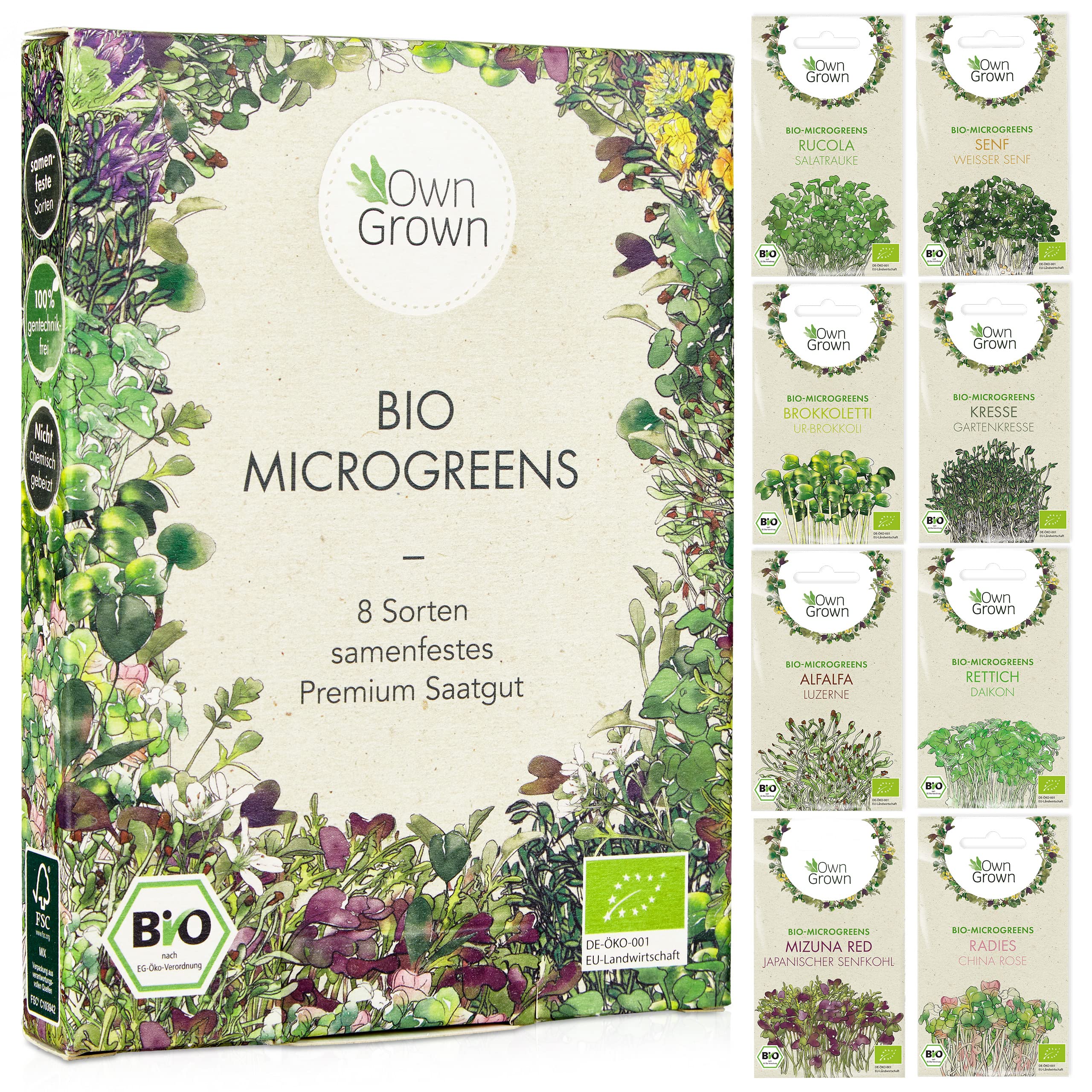 Microgreens Samen Set von OwnGrown - 8 Sorten BIO Sprossen und Mikrogrün Saatgut im Microgreens Starter Set - Alfalfa, Rucola, Kresse für Kresse Anzuchtschalen uvm - Sprossen Samen Angebot bei HelloDeals