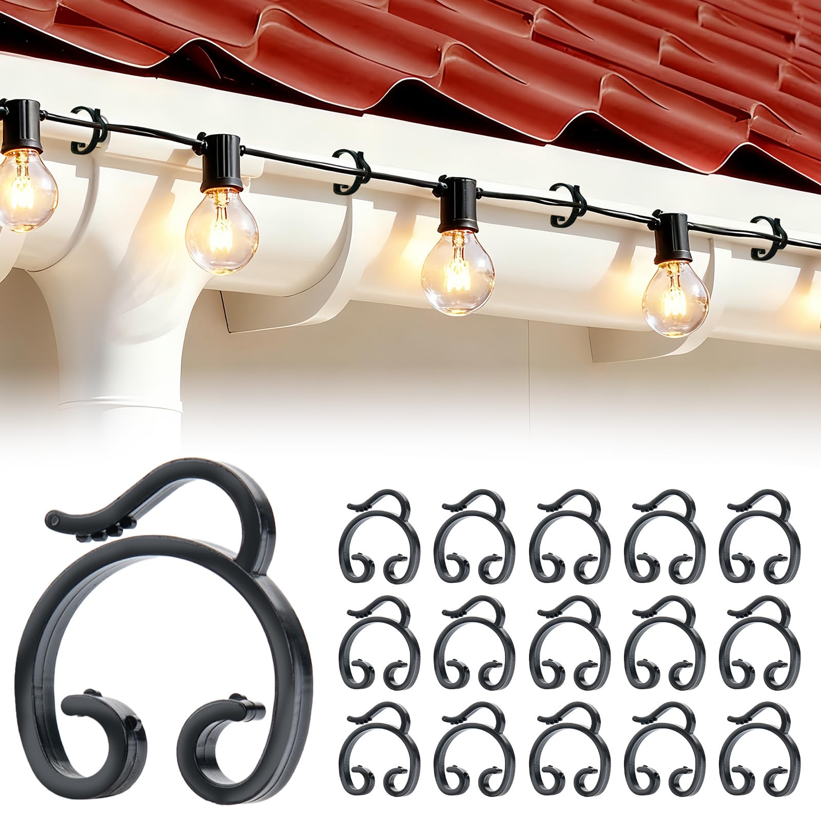 Dachrinnenhaken für Lichterkette Befestigung Außen 50 Stücke Mehrfunktional Dachrinnenhalter, Wasserdicht und Frostsicher für Weihnachten Eisregen Lichterkette, G40, Schwarz Angebot bei HelloDeals