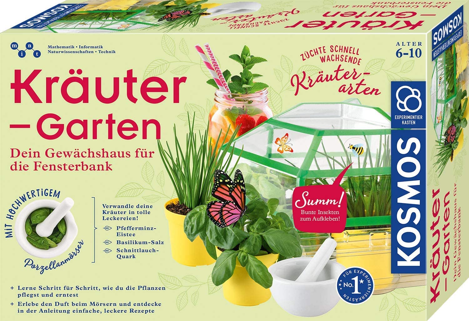 KOSMOS 632090 - Kräuter-Garten, Züchte duftende Kräuter auf der Fensterbank, Mit Gewächshaus und Mörser aus Porzellan, Experimentierkasten für Kinder ab 6 Jahre Angebot bei HelloDeals