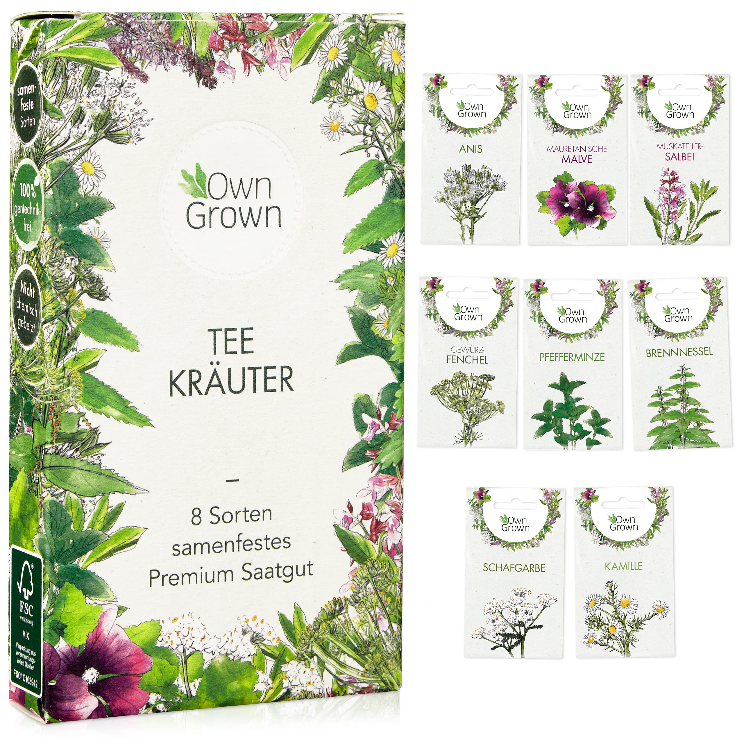 Tee Kräuter Samen Set: 8 Sorten Saatgut für Balkon und Garten – Pfefferminze, Kamille, Anis Samen, Brennnessel, Malve – Kräutersamen – Tee – Tee Box – OwnGrown Kräuter Angebot bei HelloDeals