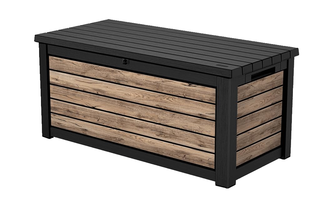 Keter Northwood Auflagenbox/Kissenbox 623 Liter | 100% Wasserdicht mit Belüftung dadurch kein übler Geruch/Schimmel Moderne Holzoptik | Deckel belastbar bis 250 KG | Deckel mit Gasdruckfedern Angebot bei HelloDeals