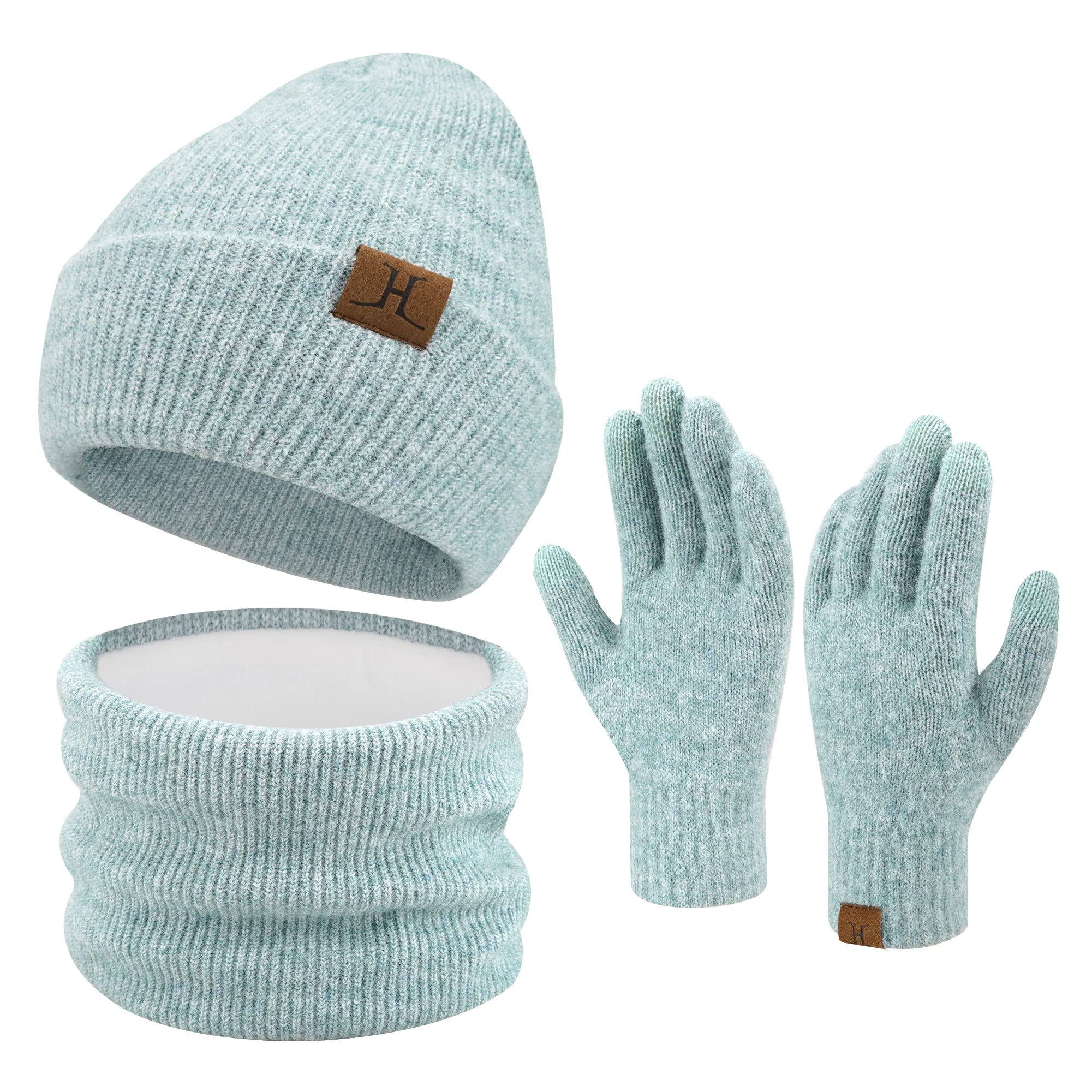 Damen Winter Beanie Mütze Schal Touchscreen Handschuhe Set Warme Wintermütze Loop Schal Schlauchschal Winterhandschuhe Weihnachten Geschenk für Frauen Lichtgrün Einheitsgröße Angebot bei HelloDeals