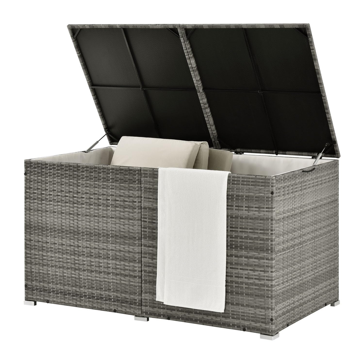 Juskys Polyrattan Auflagenbox Ikaria 950 L inkl. Deckel mit Hubautomatik & Innenplane - Kissenbox 145 x 82 x 79 cm für Garten - Gartenbox grau-meliert Angebot bei HelloDeals