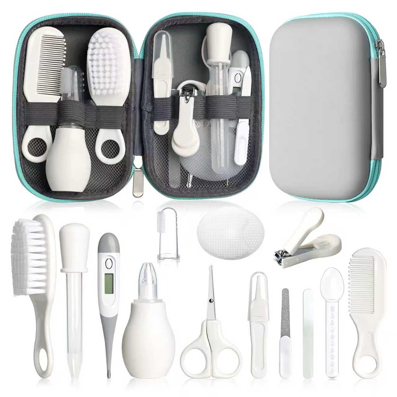 Baby Gesundheitswesen und Pflegeset, Säuglingssicherheitspflege Set mit Haarbürste, Kamm, Nagelknipser, Baby Essentials Kit für Neugeborene Mädchen Jungen (Grau14 in 1) Angebot bei HelloDeals