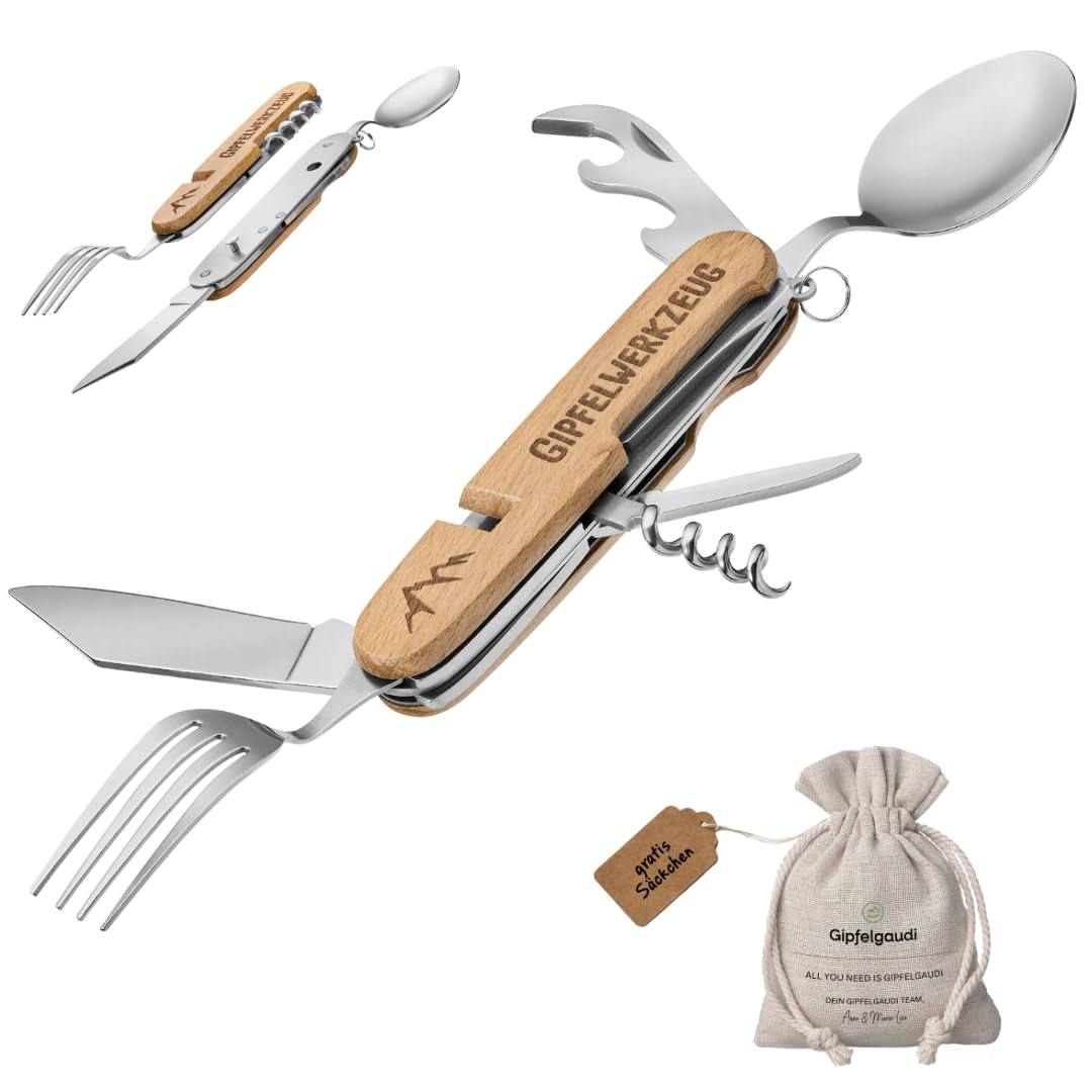 Gipfelgaudi All-in-One Camping Besteck: ideal zum Wandern, Picknick & mehr I Plastikfreies Besteck To Go aus rostfreiem Edelstahl & Holz Angebot bei HelloDeals