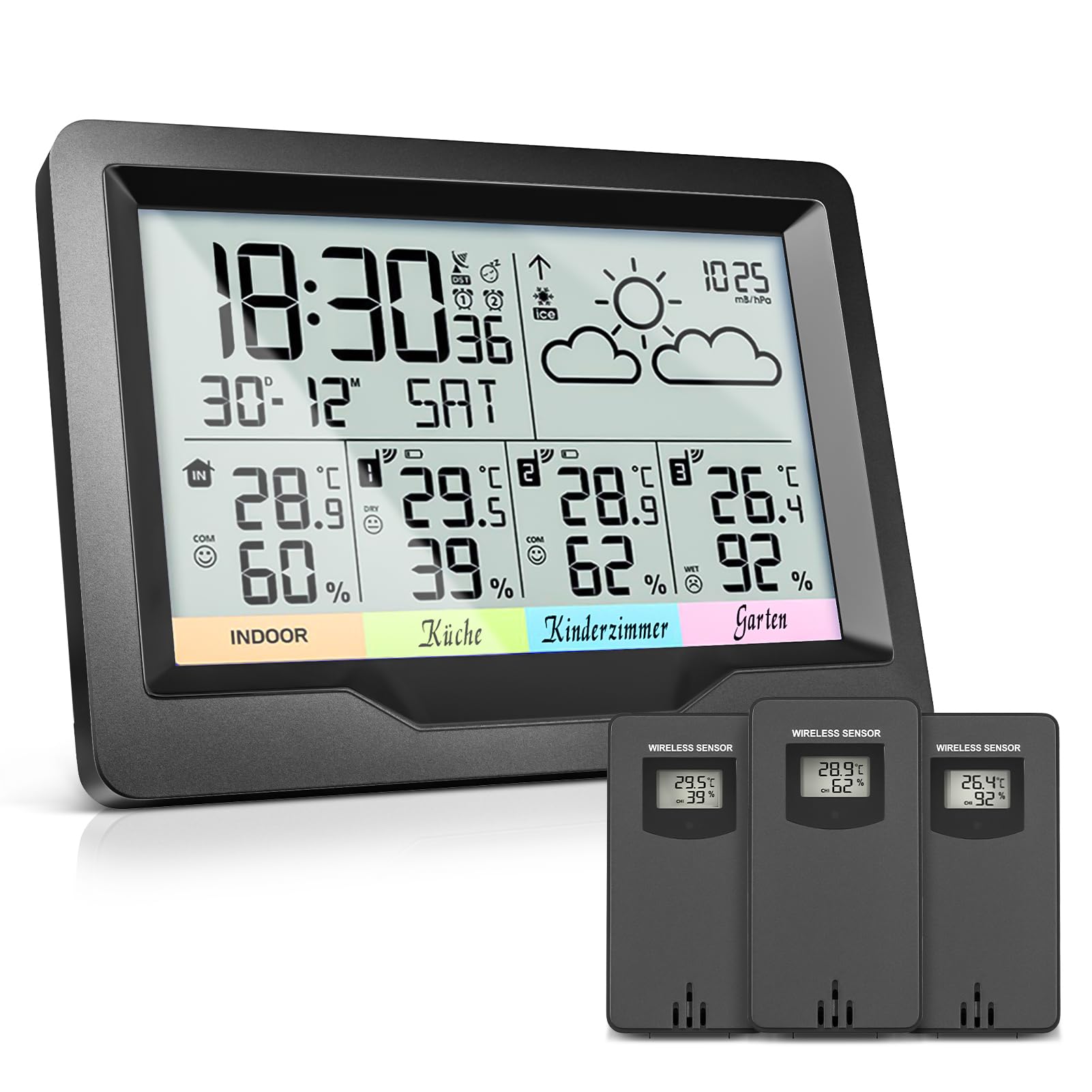 wetterstation funk mit 3 außensensor, thermometer innen außen,Hygrometer innen mit DIY Label,wetterstationen innen und außentemperatur funk mit wettervorhersage,DCF-Funkuhr Schwarz-Weiß-Bildschirm Angebot bei HelloDeals