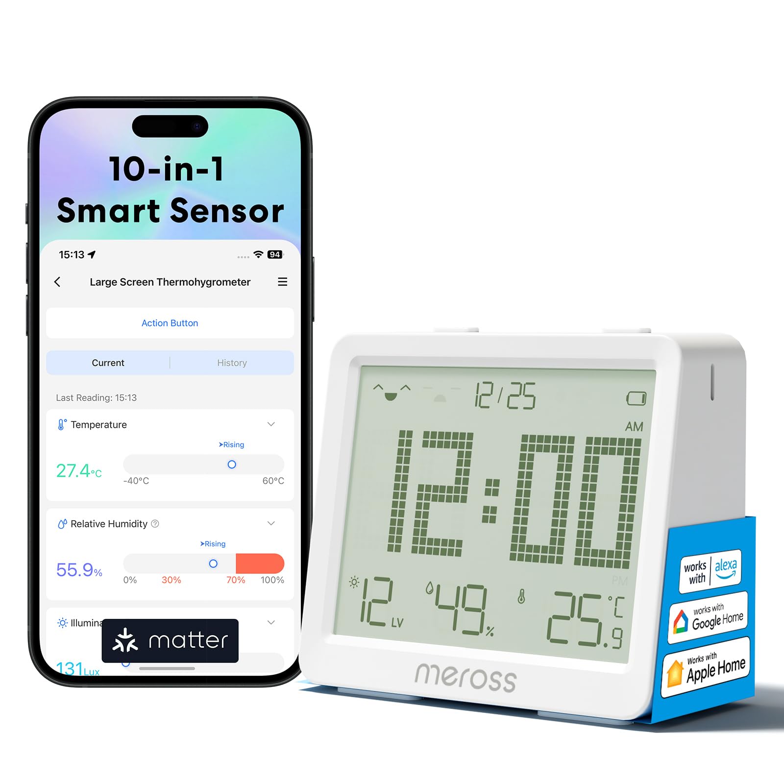 Meross 10-in1 Smart Hygrometer Thermometer Innen, WLAN Wetterstation Ausgestattet mit Benachrichtigung, Smart LCD Temperatursensor Kompatibel mit Apple HomeKit, Alexa, Google Home (Erfordert Hub) WiFi-Thermometer-Hygrometer 1 St. ohne Hub Angebot bei HelloDeals