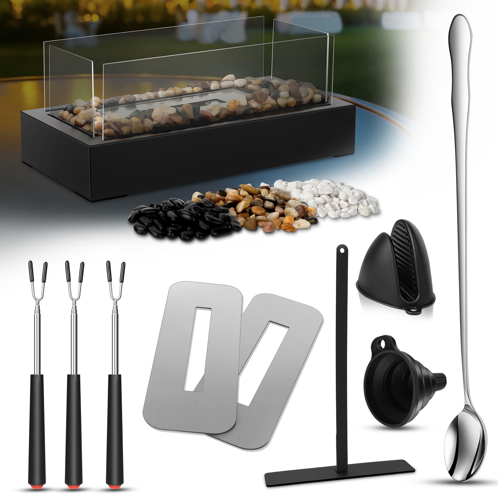 Tischkamin Zubehör Set, Rechteckiger Tischfeuer, Innenfeuerstelle Set mit Schreibtischkamin, Teleskopgabeln, Langer Löffel und Handschuh, Tisch Kamin Werkzeugset für Indoor & Outdoor Angebot bei HelloDeals