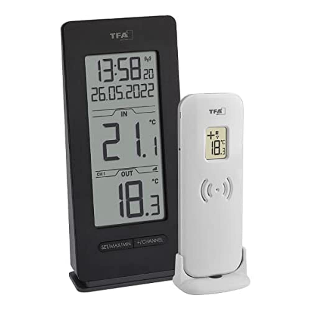 TFA Dostmann Funk Thermometer Innen/Außen, 30.3072.01.90, inkl Funkuhr und Datum, Max.-Min. Funktion, kabellos, Amazon Exklusiv, schwarz Angebot bei HelloDeals