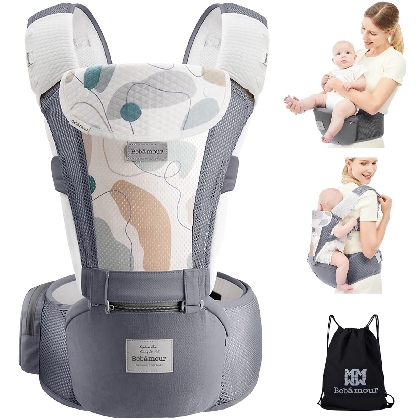 Bebamour Babytrage für Neugeborene bis Kleinkinder, Hüftsitz, 0-36 Monate, Kopfhaube, 3 Stück Zahnungspads, Taillenverlängerung, Grau 01 Air Grey with Extender Angebot bei HelloDeals