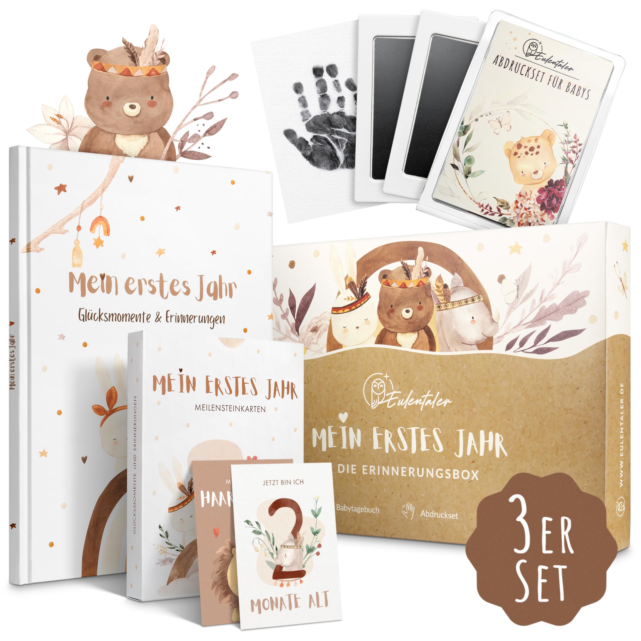 EULENTALER® Mein erstes Jahr I Die Erinnerungsbox 3in1 Sparset I Von Pädagogen gestaltet I Babyalbum, Meilensteinkarten, Baby Abdruckset I Geschenke zur Geburt & Babyparty I Für Jungen & Mädchen Angebot bei HelloDeals