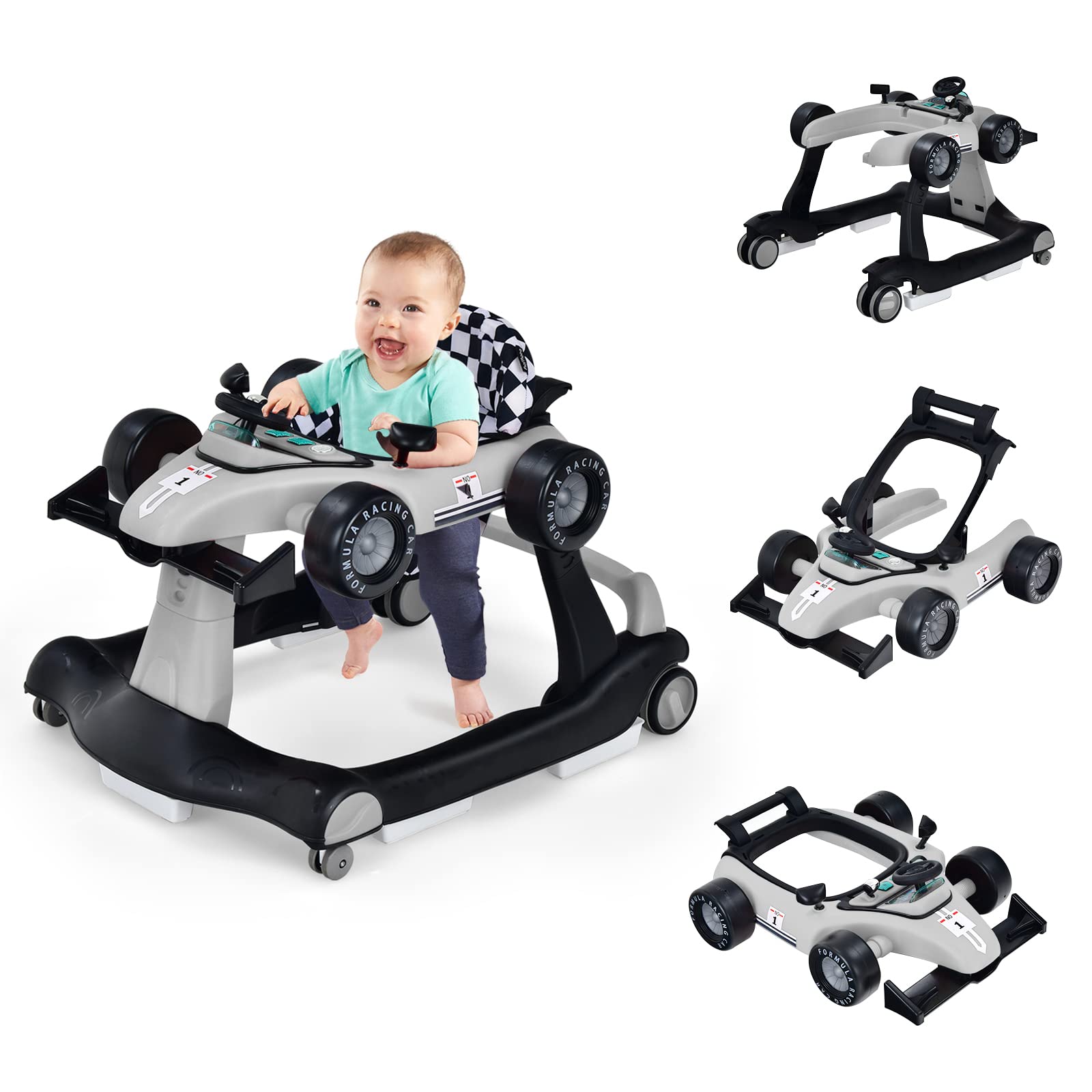 COSTWAY 4 in 1 Lauflernhilfe, Lauflernwagen klappbar mit einstellbarer Höhe & Geschwindigkeit, Baby Walker Autoförmig mit Musikbox, Licht & Rädern, Gehfrei Baby ab 6 Monaten, 12kg Belastbar (Grau) Grau Auto Angebot bei HelloDeals