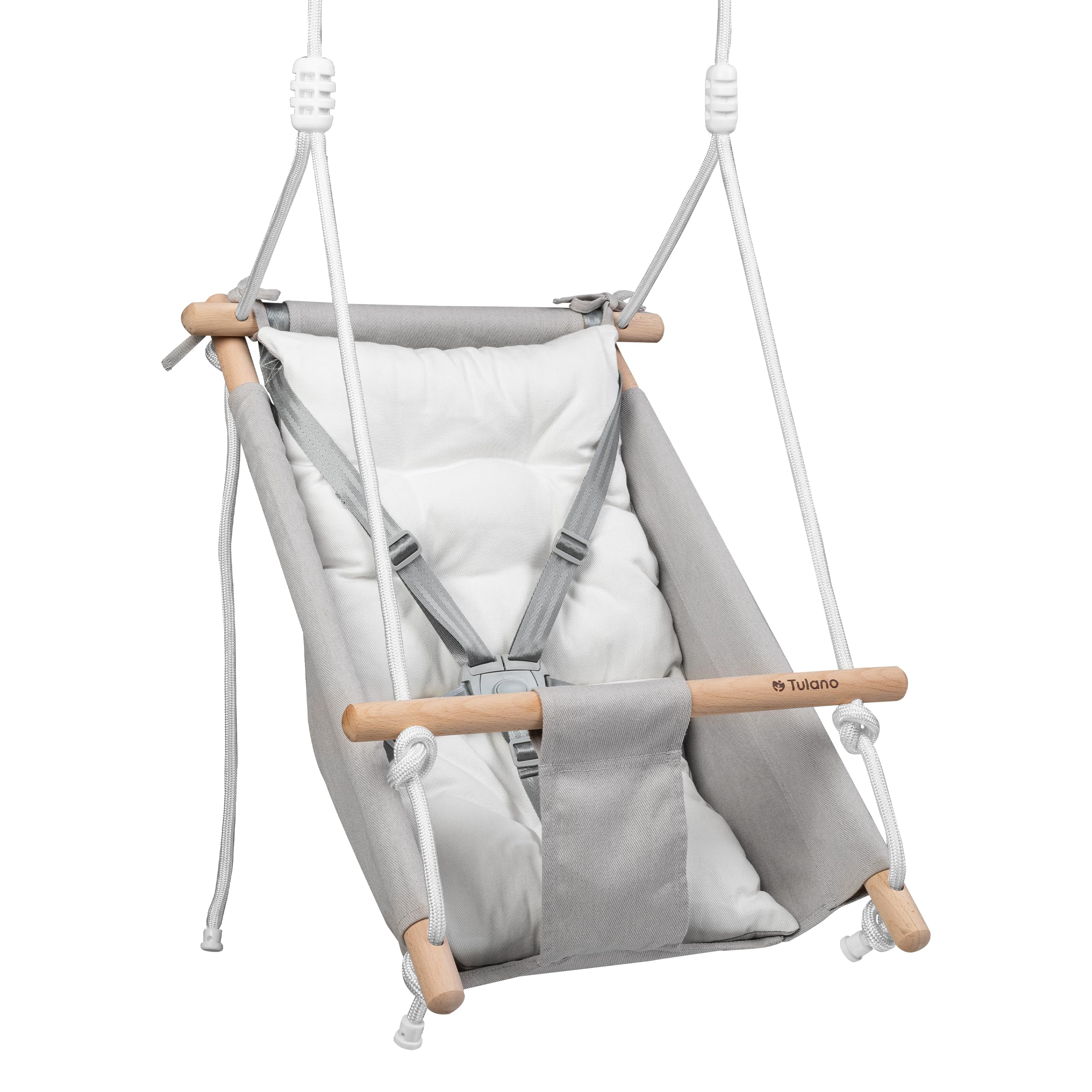 Tulano Hop 40 Babyschaukel 3in1, Federwiege und Babywippe aus Baumwolle und Holz, Hängewiege ab 6 Monaten, sicher gepolstert, bis 60 kg belastbar, Kinderschaukel für drinnen und draußen, Grau Grau-weiß Angebot bei HelloDeals