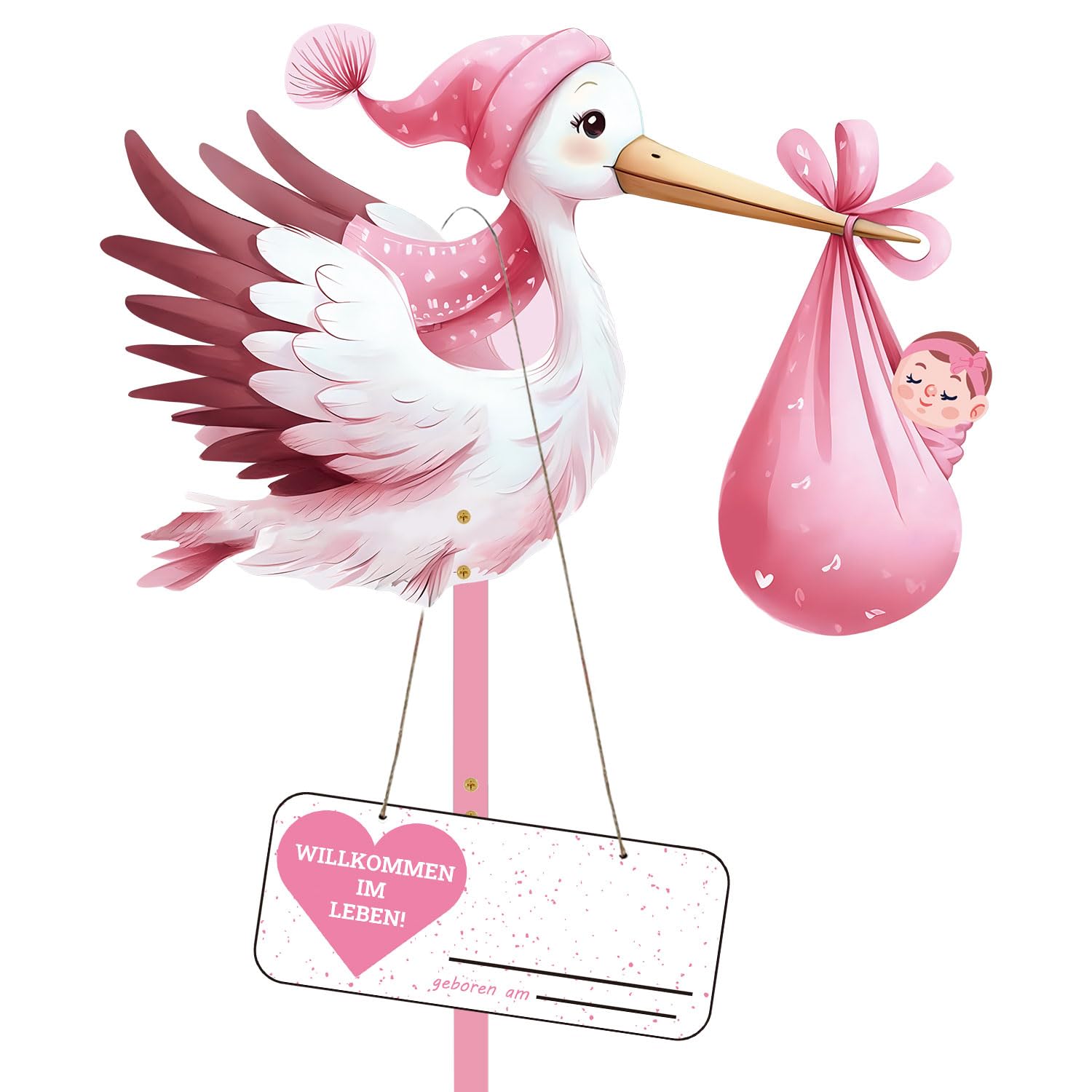 Klapperstorch Set zur Geburt Baby,81cm hoch Babystorch,Großer niedliche Holz Klapperstorch für Baby,Beidseitig Bedruckt,Geburtsstorch inkl,Holzstab+ Namensschild Grußkarte B-Deutsche Sprache Rosa Angebot bei HelloDeals