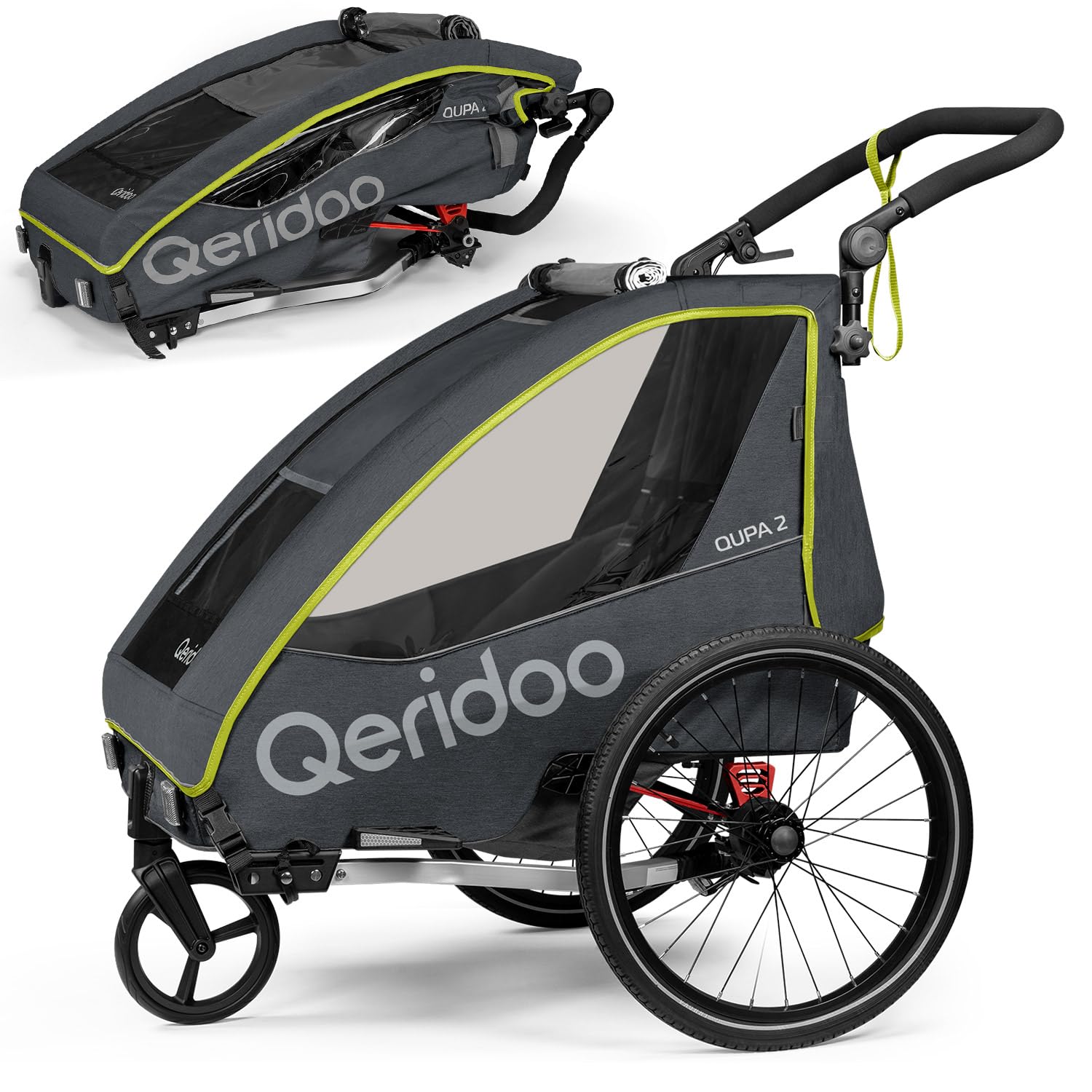 Qeridoo Fahrradanhänger QUPA 2 Lime mit Blattfederung, zusammenfaltbare Kabine, ausbaubare Rückbank, Buggy, Trailer, Höhenverstellbarer Schiebegriff, 5-Punkt Gurtsystem, für 2 Kinder Angebot bei HelloDeals