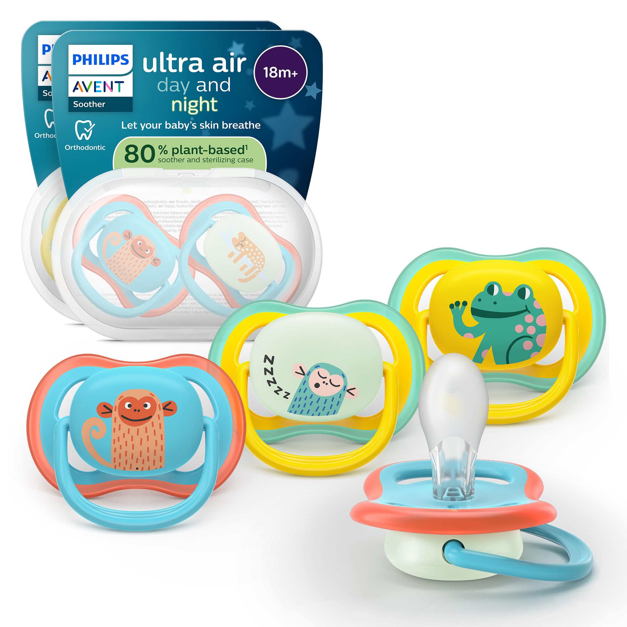Philips Avent ultra air Day & Night Schnuller – kiefergerecht geformtes Design, für Babys ab 18 Monaten, leuchtet im Dunkeln, extra fester, symmetrischer Silikonsauger, BPA-frei, 4er-Pack, SCF349/56 Angebot bei HelloDeals