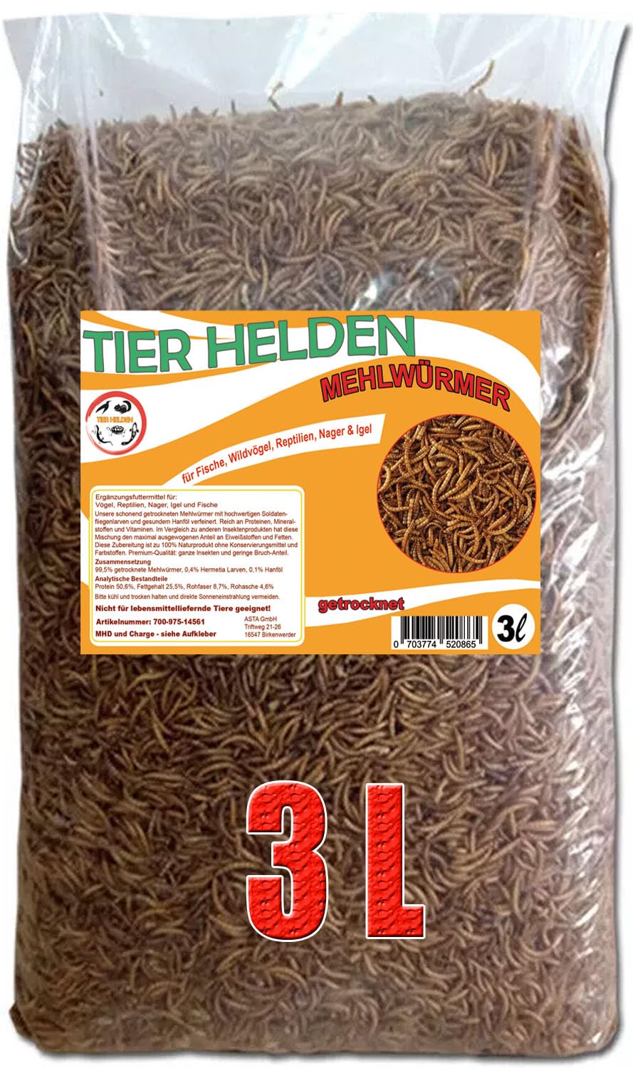 Tierhelden getrocknete Mehlwürmer in 3L Abpackung, Protein- und fettreich, verfeinert und gesiebt, für Fische, Nager, Vögel, Reptilien, auch Koifutter oder Igelfutter Angebot bei HelloDeals