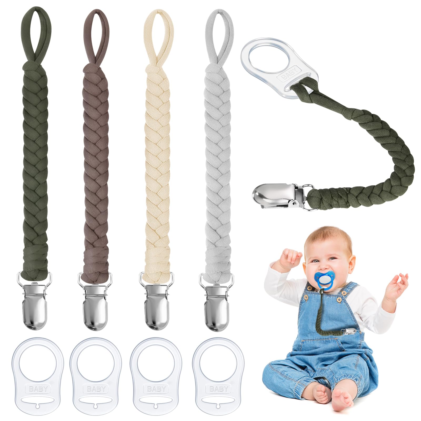 Schnullerketten Baumwolle Schnullerketten, 4pcs Baby Schnullerkettenclips, Schnullerketten für Mädchen und Jungen, Schnuller，Geflochtene Schnullerkette Dunkelgrün/Kaffee/Beige/Grau Angebot bei HelloDeals