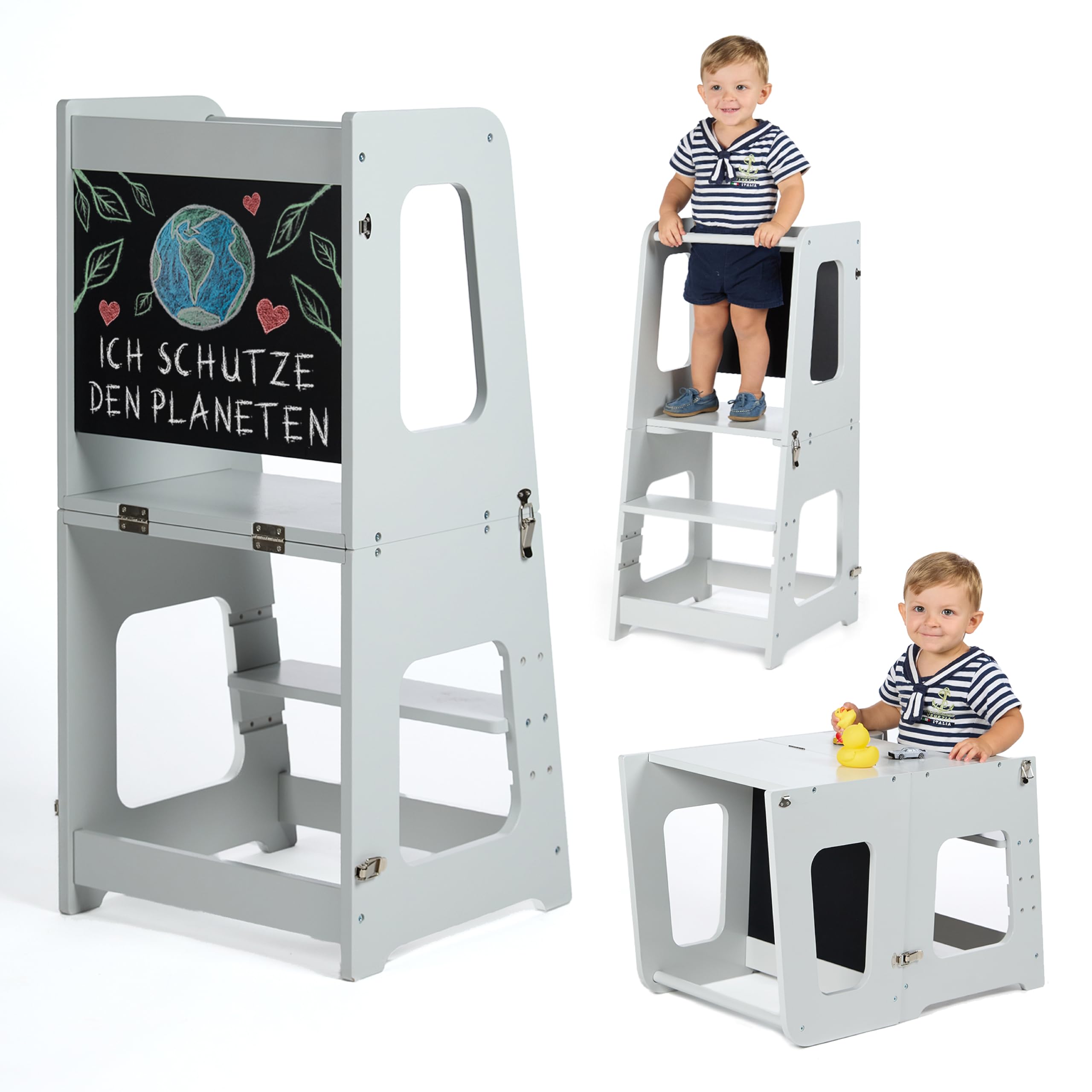 Montessori Lernturm ab 1 Jahr Klappbar Groß– 2-in-1 Premium Learning Tower & Tisch – Lernturm klappbar, Nachhaltiges Unternehmen, höhenverstellbare Stufe, Innovatives (grau) Angebot bei HelloDeals