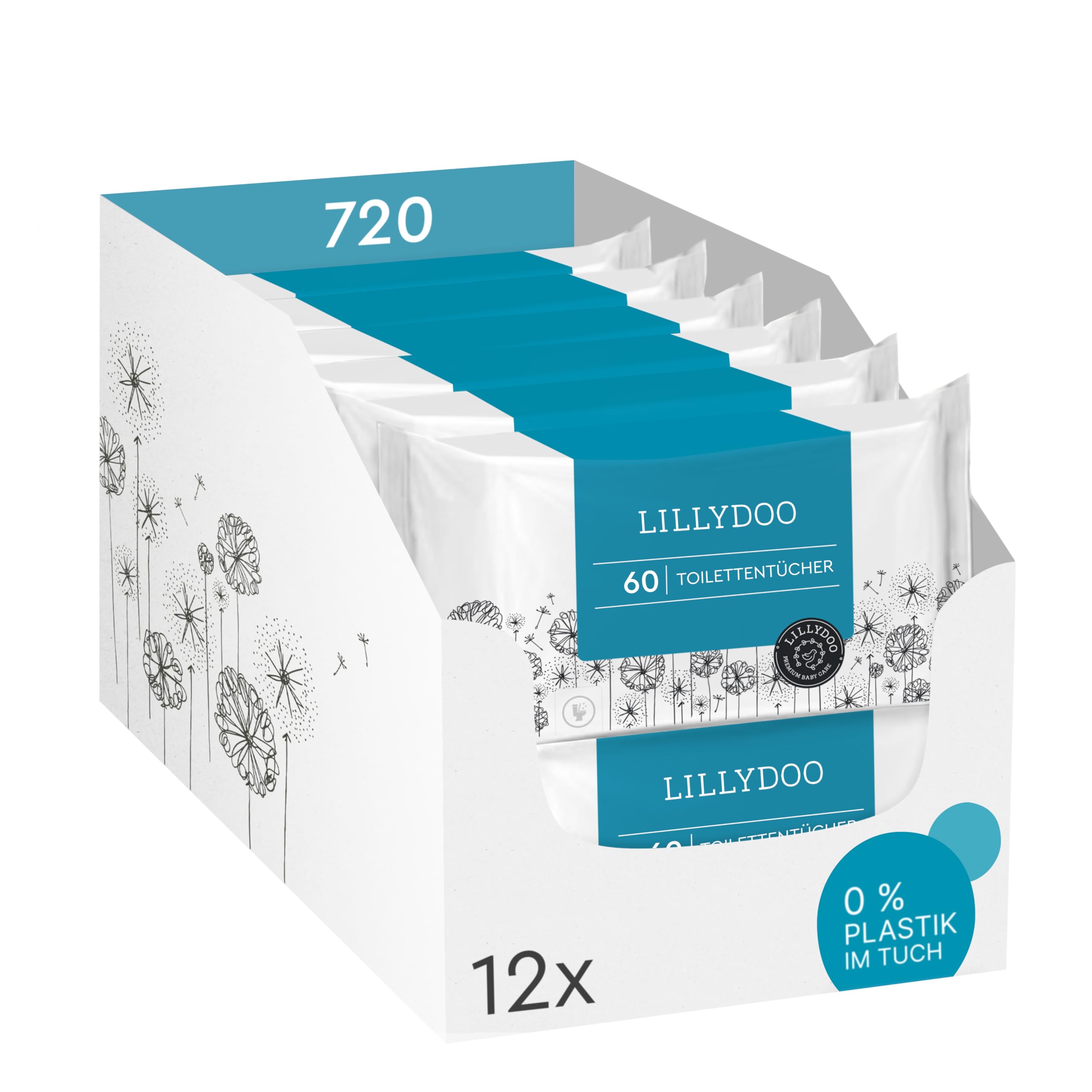 LILLYDOO Feuchte Toilettentücher, 720 Stück (12 x 60), 100% plastikfreies, spülbares Tuch, ohne Parfüme 60 stück (12er Pack) Angebot bei HelloDeals