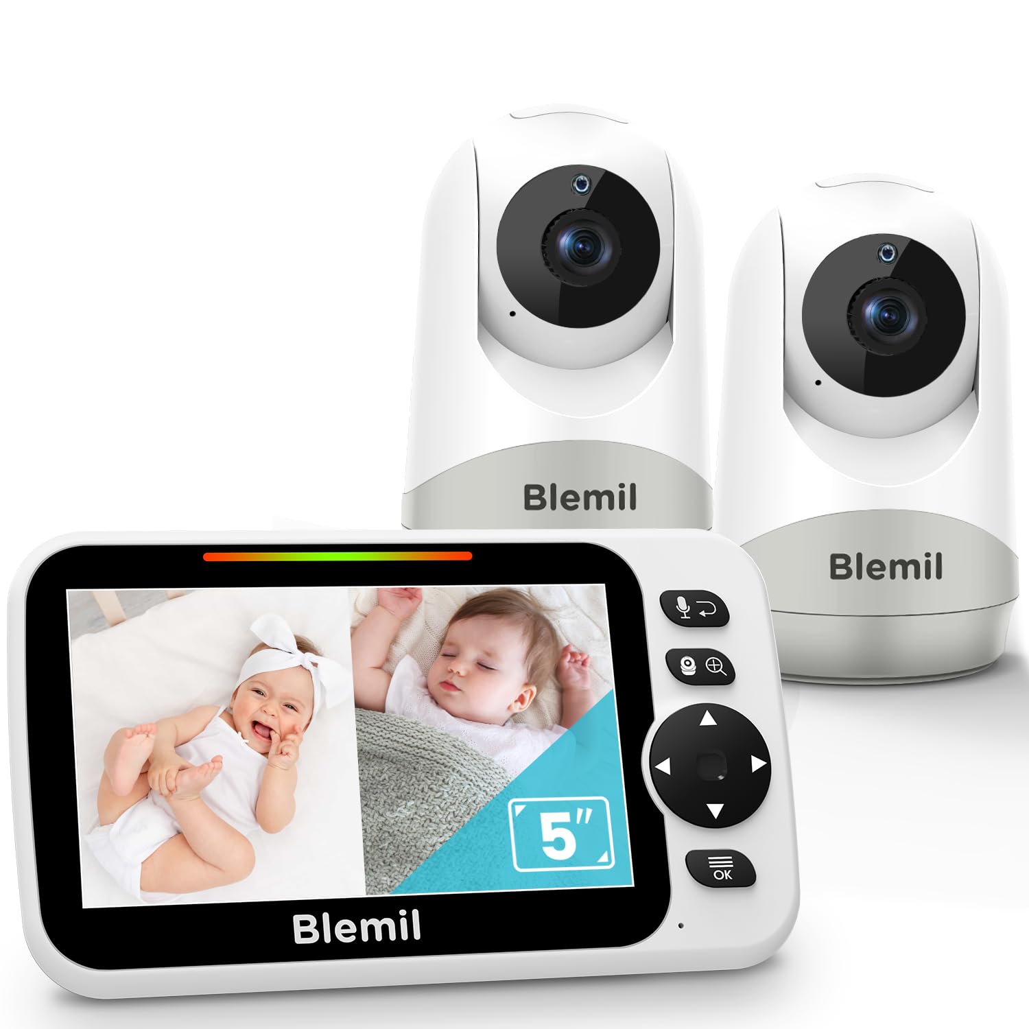 Blemil Babyphone mit 2 Kameras und Audio 30 Stunden wiederaufladbare Batterie, 5" großer geteilter Bildschirm, ferngesteuerte Schwenk-/Neige-/Zoom-Kamera, Zwei-Wege-Gespräch, Nachtsicht, kein WiFi BL9052-2 Angebot bei HelloDeals