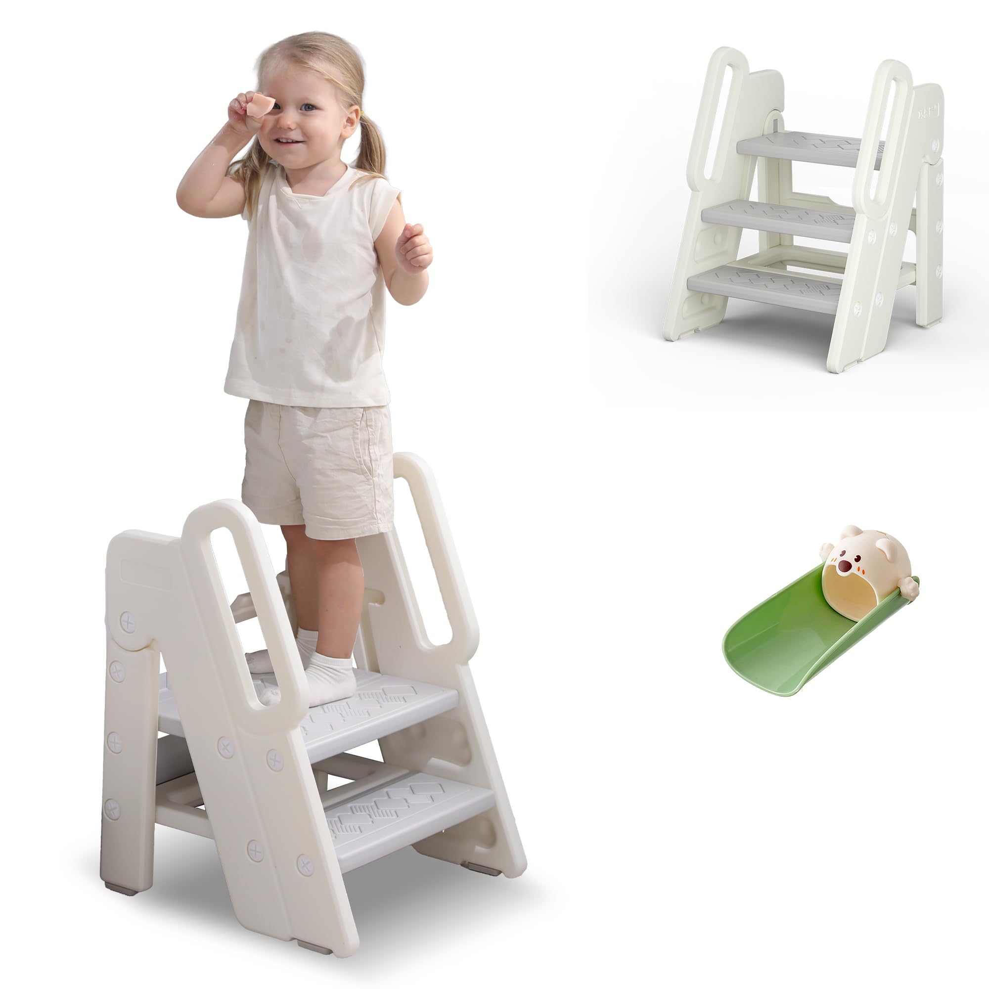 Tritthocker für Kinder, 2/3-Stufig Höhenverstellbar, Faltbarer Kinderschemel mit Handläufen, Anti-Rutsch, Ideal für Bad und Küche, Trittleiter für Kleinkinder (Grau) Klassisch Grau Angebot bei HelloDeals