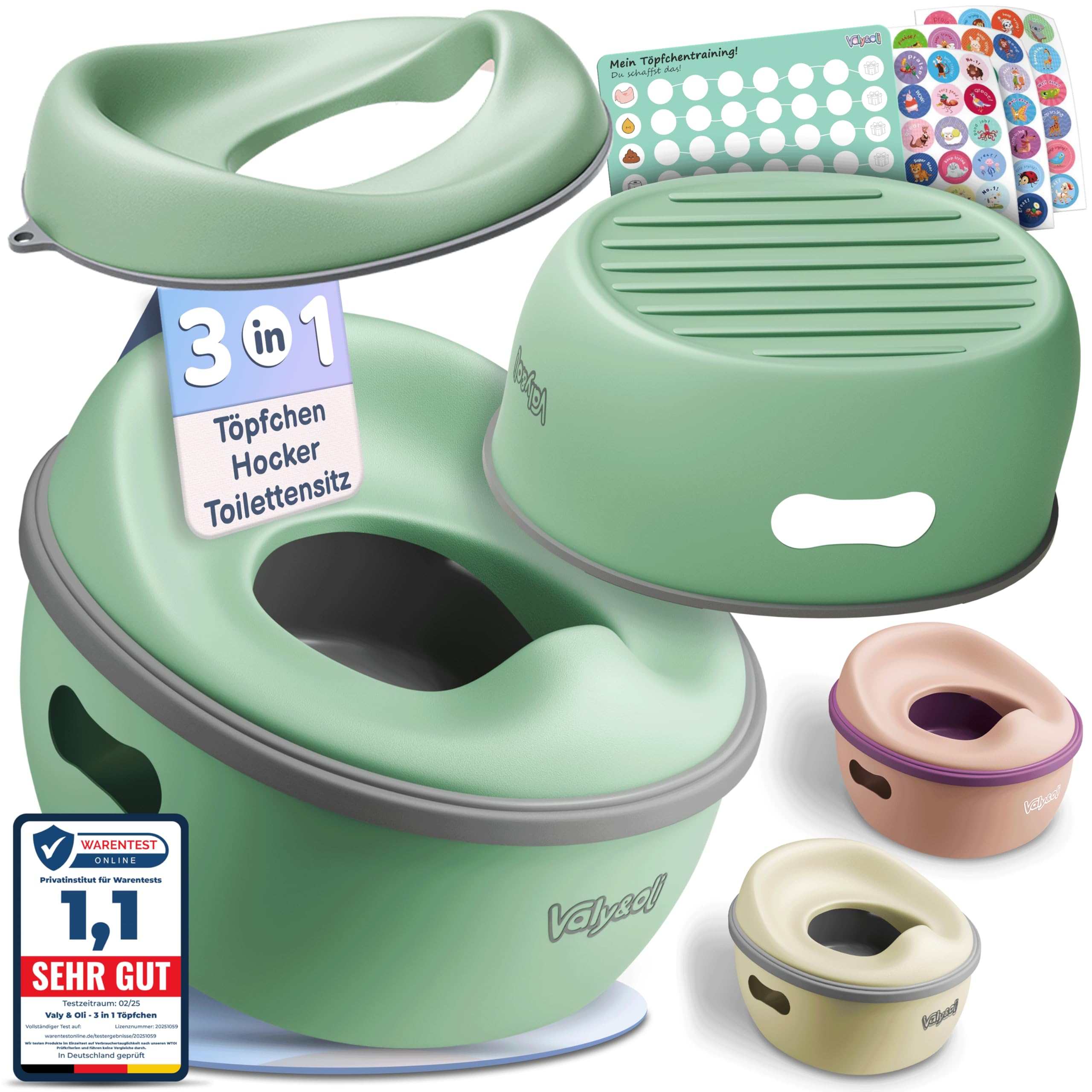Valy&Oli® 3in1 Töpfchen für Kinder - Toilettensitz Kinder & Hocker- Ergonomisch, Bequem & Vielseitig - Leicht zu reinigen & sicher - Potty & Tritthocker Kinder - Ab 18 Monaten - Grün Angebot bei HelloDeals