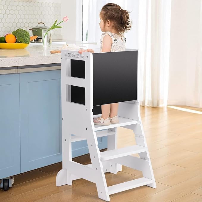 KIDINIX Lernturm mit 3 verstellbaren Höhen, Learning Tower mit magnetischem Whiteboard und Abnehmbarer Kreidetafel, Höhenverstellbar, Montessori-Lernstuhl für Küche und Bad, Kippsicher, Weiß Angebot bei HelloDeals