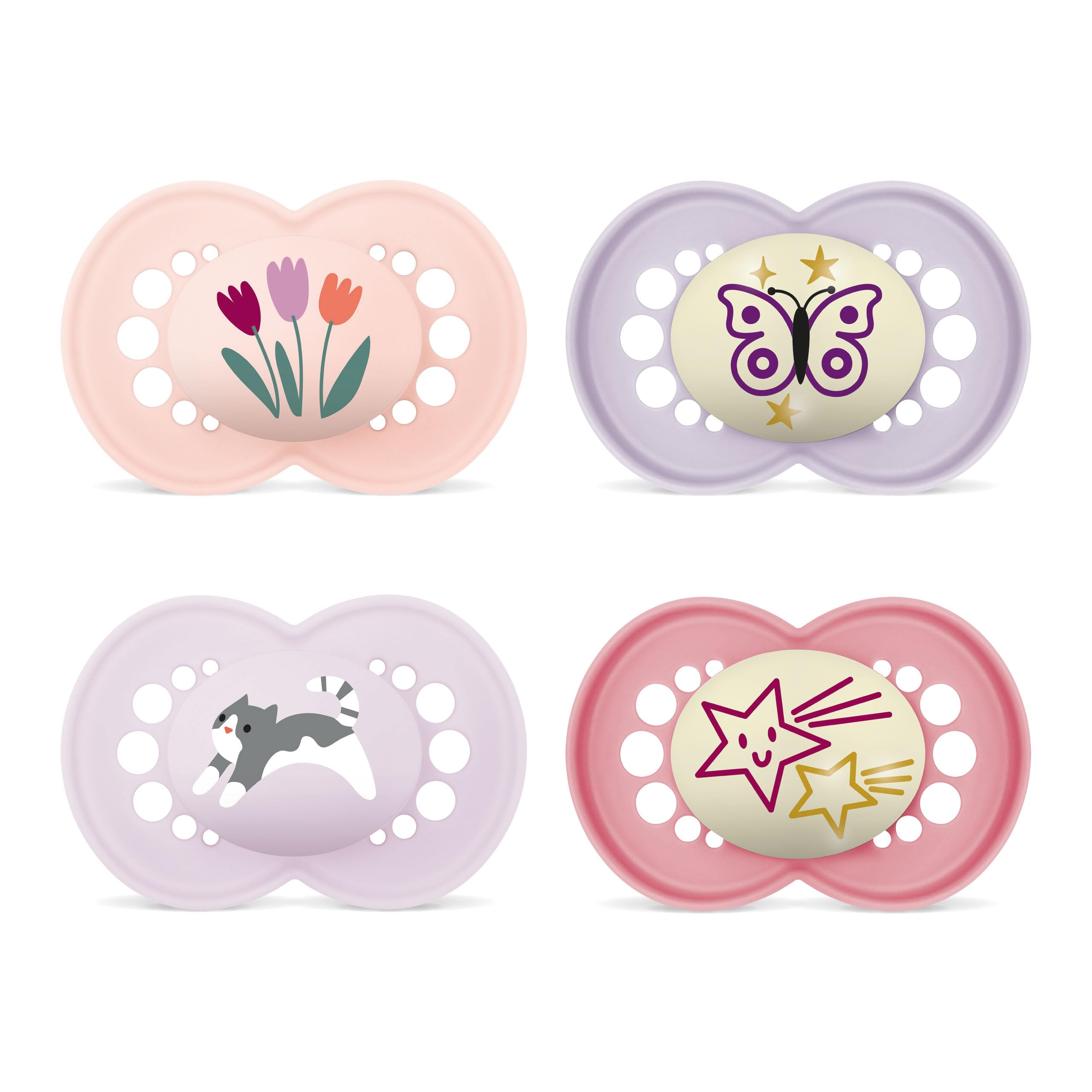 MAM Original Day & Night Matt Schnuller | 16+ Monate | 94% Akzeptanz | Babyschnuller beugt Zahnfehlstellungen vor | mit Zahnmedizinern entwickelt | SkinSoft Silikon | Tulpe/Stern | 4 Stück 4er Set Tulpe/Stern Angebot bei HelloDeals