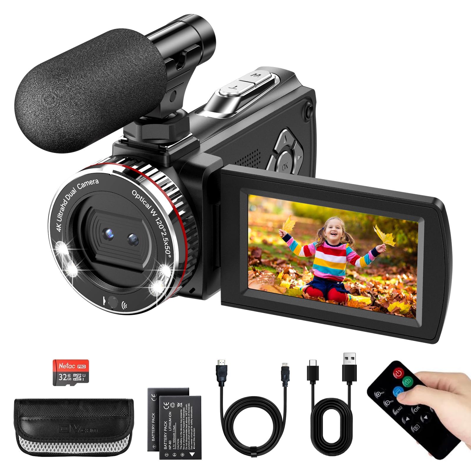 Videokamera Camcorder 4K 48MP 21X Digital Zoom 3" 270° Bildschirm Vlogging Kamera für YouTube, Video Camera mit Externes Mikrofon, Fernbedienung, HDMI-Kabel, 2 Batterien, 32 GB Karte Angebot bei HelloDeals