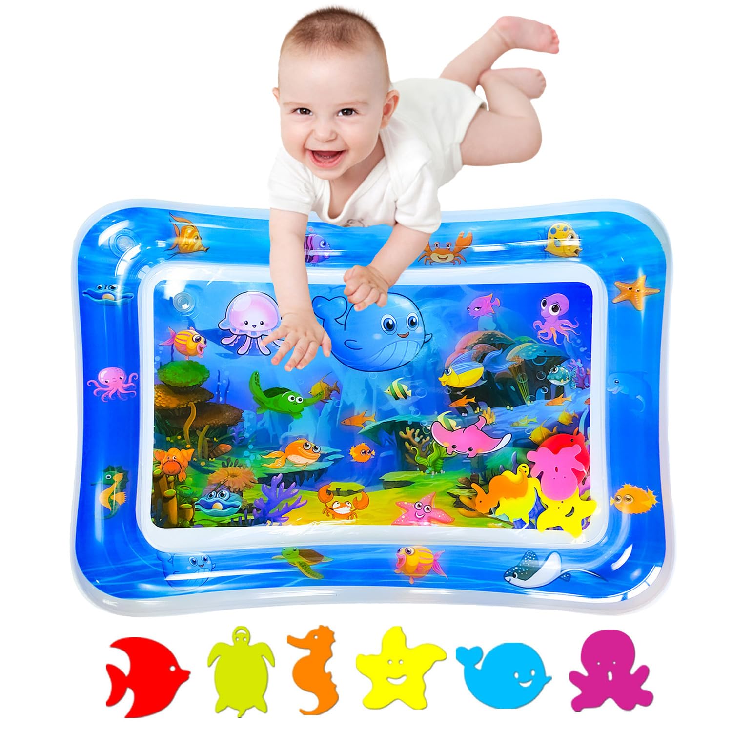 SUNSHINEMALL Wassermatte Baby Bpa Frei 66×50CM Wasserspielmatte Baby Wasser Spielmatte Sensorik Spielzeug Krabbelmatte Baby 3 6 9 Monate Tummy Time Toys Water Mat(Blaue Neue Meereswelt) Angebot bei HelloDeals