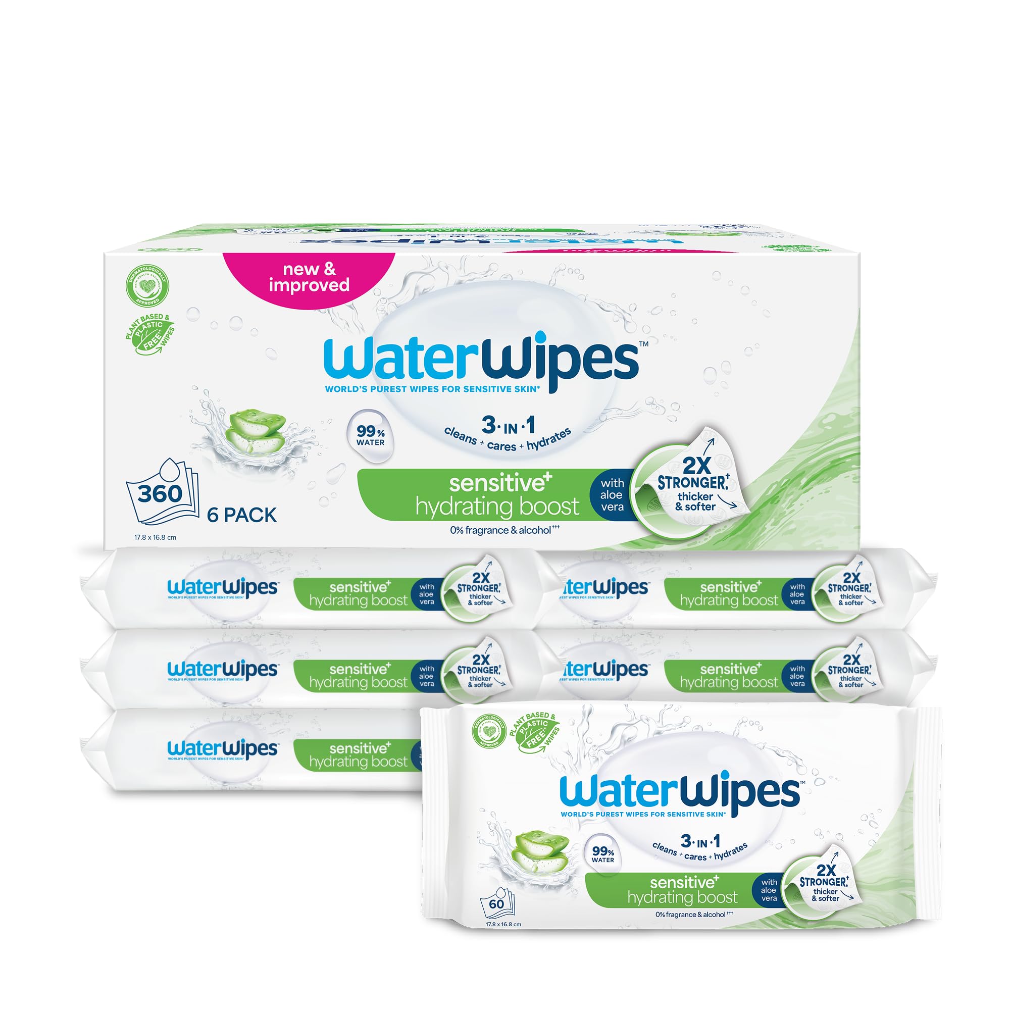 WaterWipes Sensitive+ Hydrating Boost Wipes, Feuchtigkeitsspendende Tücher, 360 Stück (6 Packungen), 3-in-1 reinigt, pflegt, spendet Feuchtigkeit, 99% Wasser mit Aloe Vera, unparfümierte Babytücher 360 stück (6er Pack) Angebot bei HelloDeals