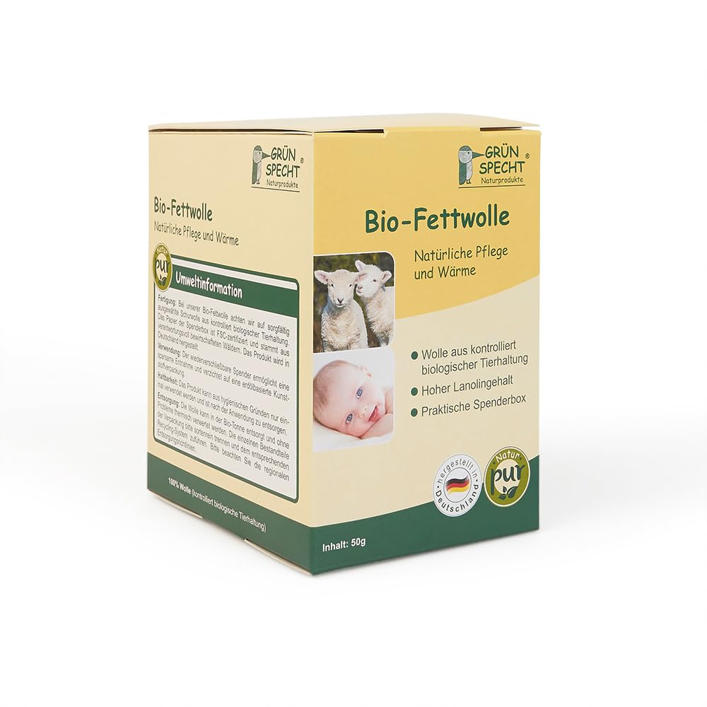 GRÜNSPECHT Bio-Fettwolle – 50 g Schurwolle mit Lanolin zur natürlichen Pflege von Babyhaut & Brustwarzen, aus kontrolliert biologischer Tierhaltung, Spenderbox (638-K1) Angebot bei HelloDeals