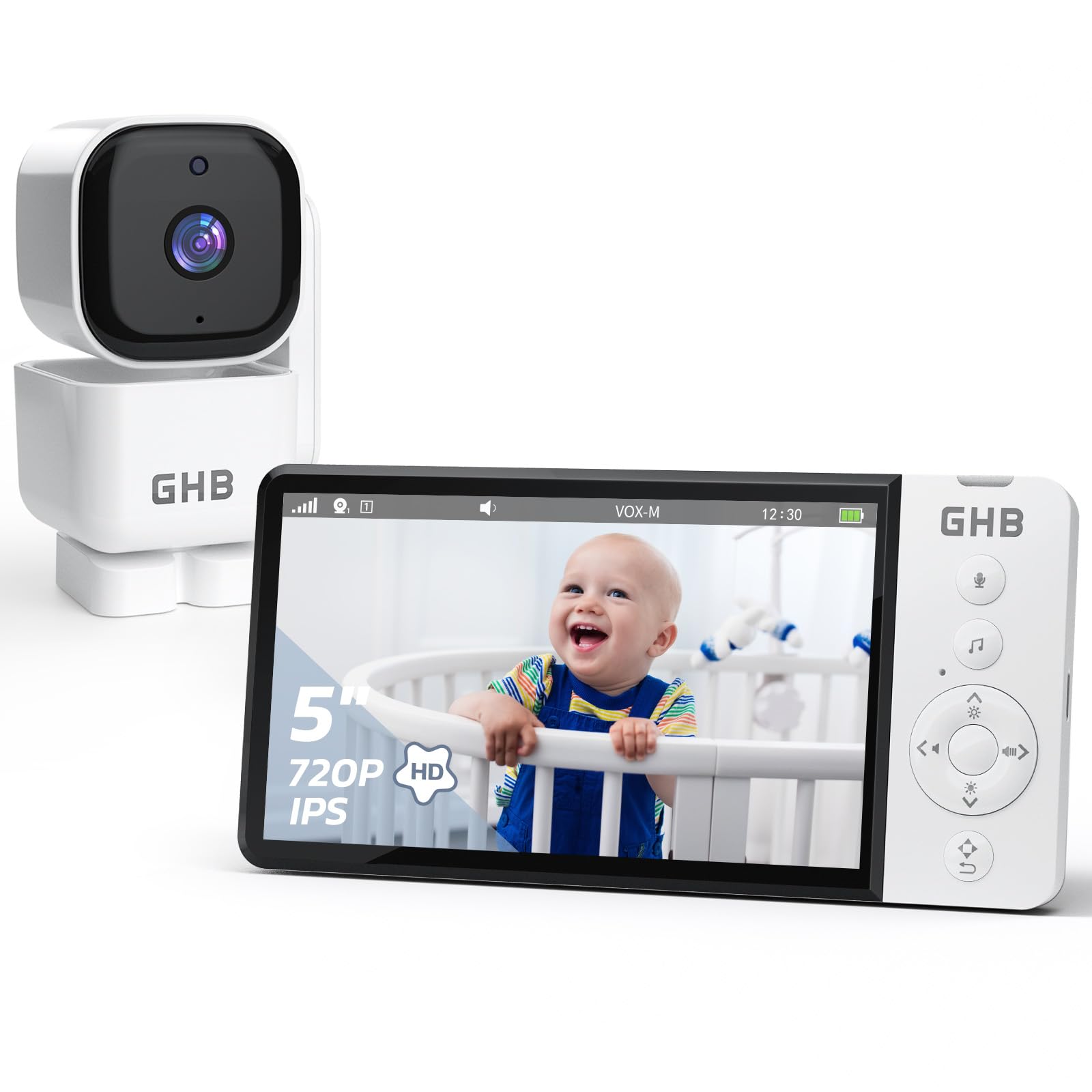 GHB Babyphone mit Kamera 5 Zoll 350° Rotation 5000mAh 720P Nachtsicht VOX-Modus Digitalzoom GegensprechfunktionTemperaturanzeige ABM720C Angebot bei HelloDeals