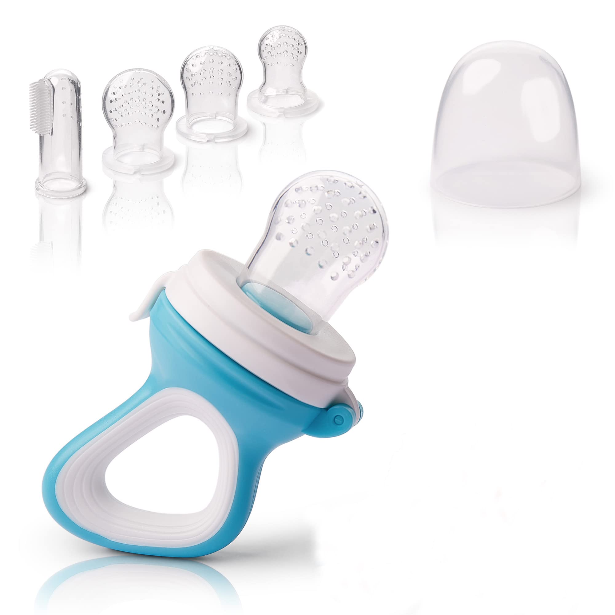 Fruchtsauger Baby & Kleinkind + 3 Silikon-Sauger in 3 Größen + 1 Baby-Zahnbürste | Zahnungshilfe Baby Schnuller | Beißring, Obstsauger Gemüse, Brei Beikost | Blau/Weiss Blau/Weiß 1 Stück (1er Pack) Angebot bei HelloDeals