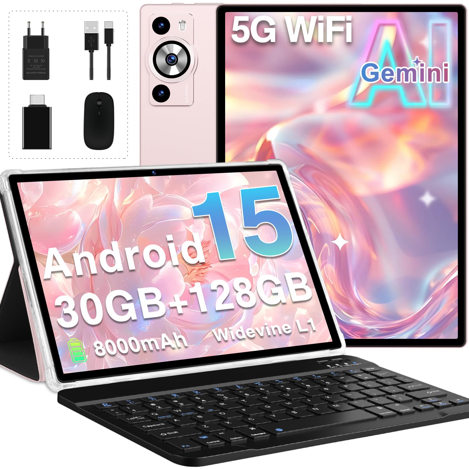 Android 15 Tablet 10 Zoll mit Gemini AI, 30GB RAM + 128GB ROM(TF 2TB), Octa-Core, 8000mAh, 5G/2.4G WLAN, Widevine L1 FHD, 8MP+5MP | Face ID | GPS | BT5.0 | GMS Tablets mit Tastatur - RoséGold Angebot bei HelloDeals