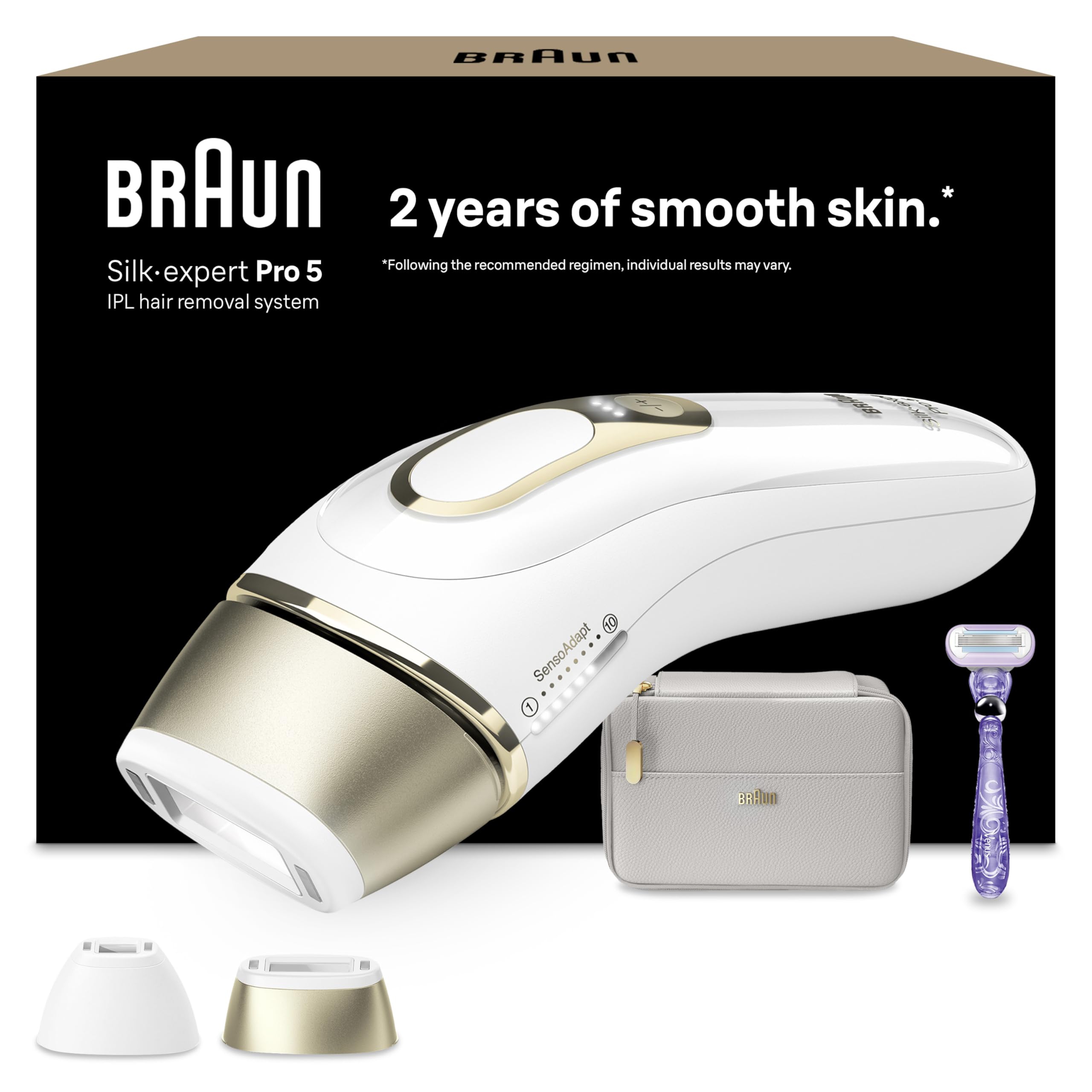 Braun IPL Silk Expert Pro 5 – IPL Geräte Haarentfernung, Dauerhafte und Schmerzfreie Haarentfernung für Zuhause – inkl. Etui, Venus Rasierer, 2 Aufsätze, Designed In Germany – PL5157, Weiß/Gold Angebot bei HelloDeals