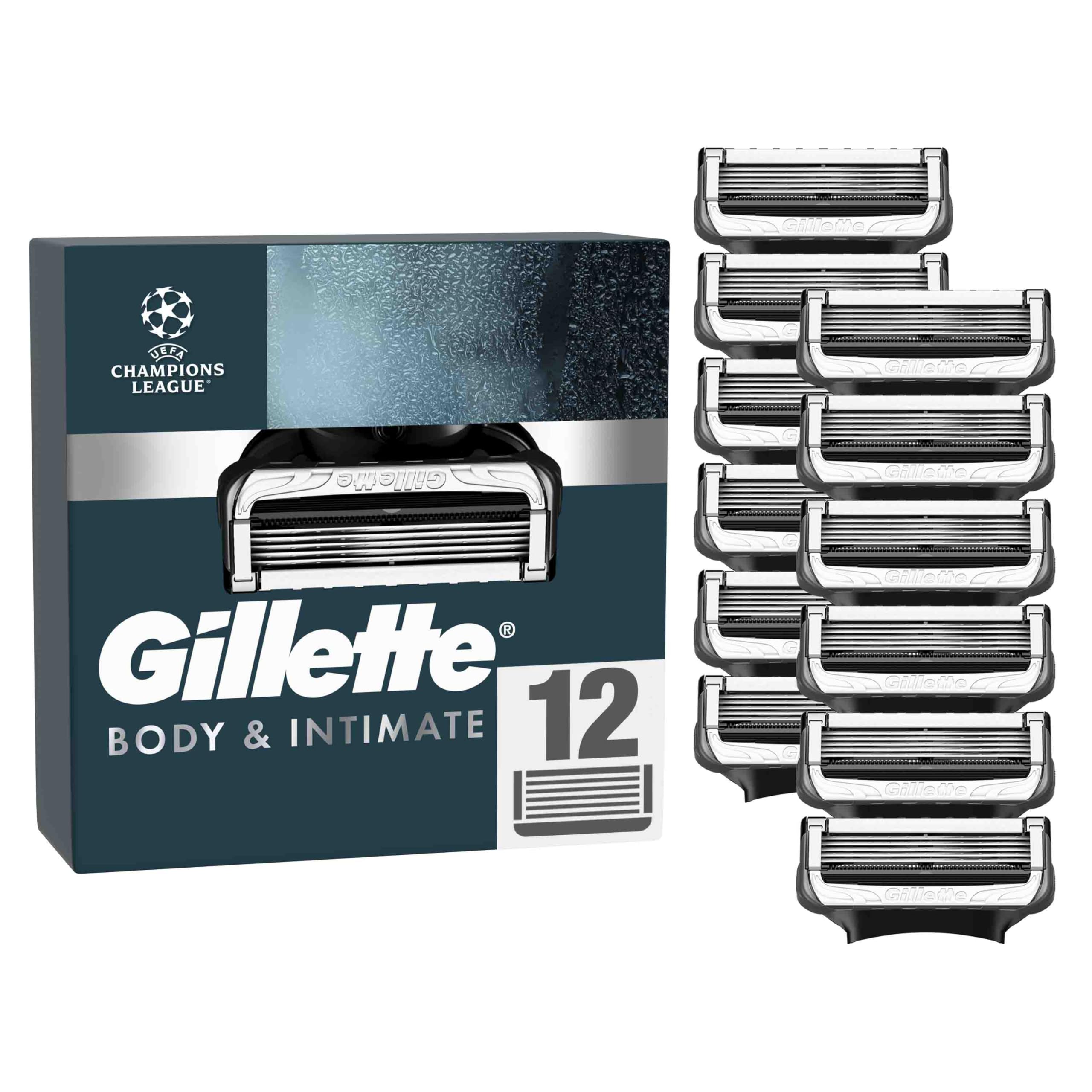 Gillette Body & Intimate Rasierklingen — 12 ORIGINAL Ersatzklingen für Nassrasierer, Klingen für Herren mit Verbesserten Gleitstreifen für eine Sanfte und Einfache Anwendung — Dermatologisch Getestet Angebot bei HelloDeals