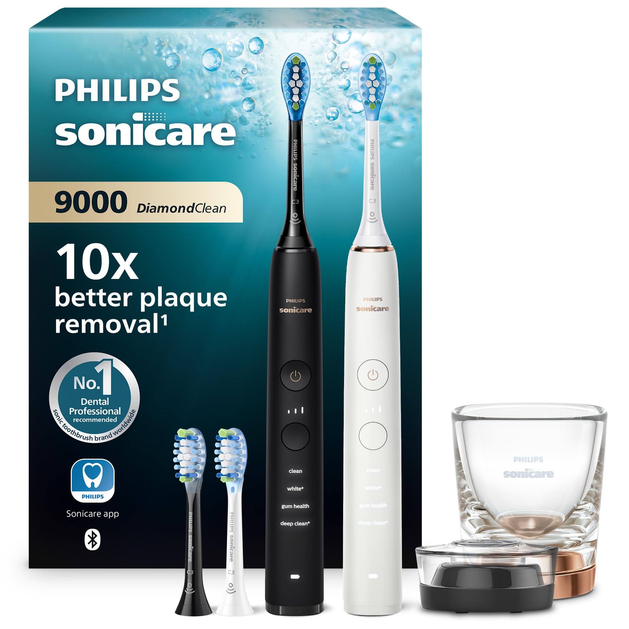 Philips Sonicare DiamondClean 9000 elektrische Zahnbürste, Doppelpack,Zahnbürste mit Schalltechnologie inklusive App, Drucksensor,4 Putzmodi,3 Intensitätsstufen, schwarz und roségold, Modell HX9914/61 Sonicare 9000, Schwarz/Roségold Angebot bei HelloDeals
