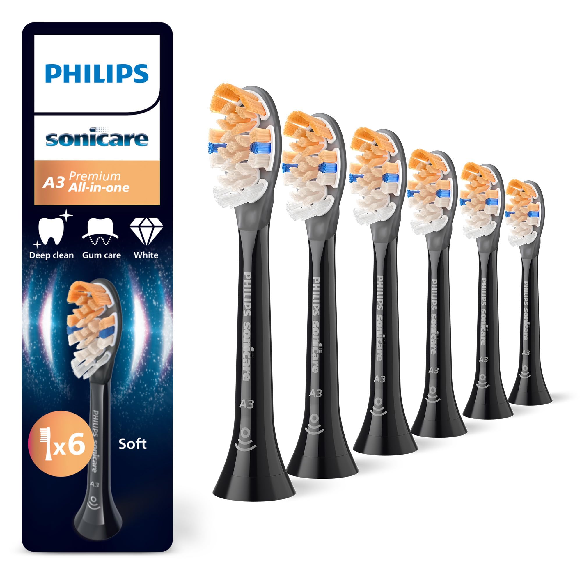 Philips Sonicare A3 Premium All-in-One, Original Ersatzbürstenköpfe, Schwarz, 6er-Pack, HX9096/88 Neu 1 stück (6er Pack) Angebot bei HelloDeals