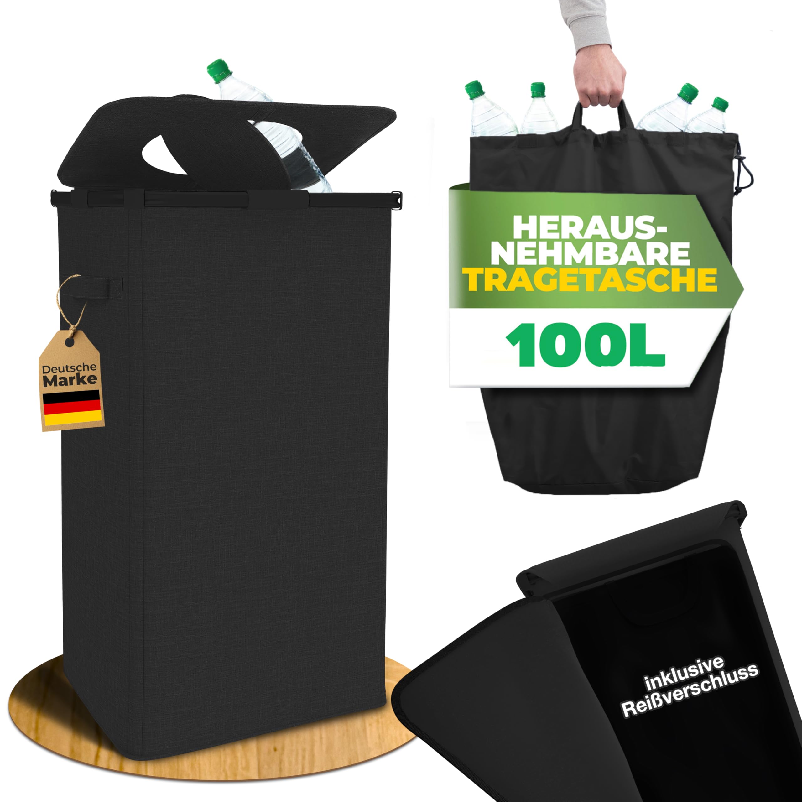 Pfandflaschen Sammelbehälter Metallrahmen mit Tragetasche, Reißverschluss und Drehdeckel am Pfandflaschen Behälter | Pfandbehälter Flaschensammler Leergut Sammelbehälter (Schwarz) Angebot bei HelloDeals