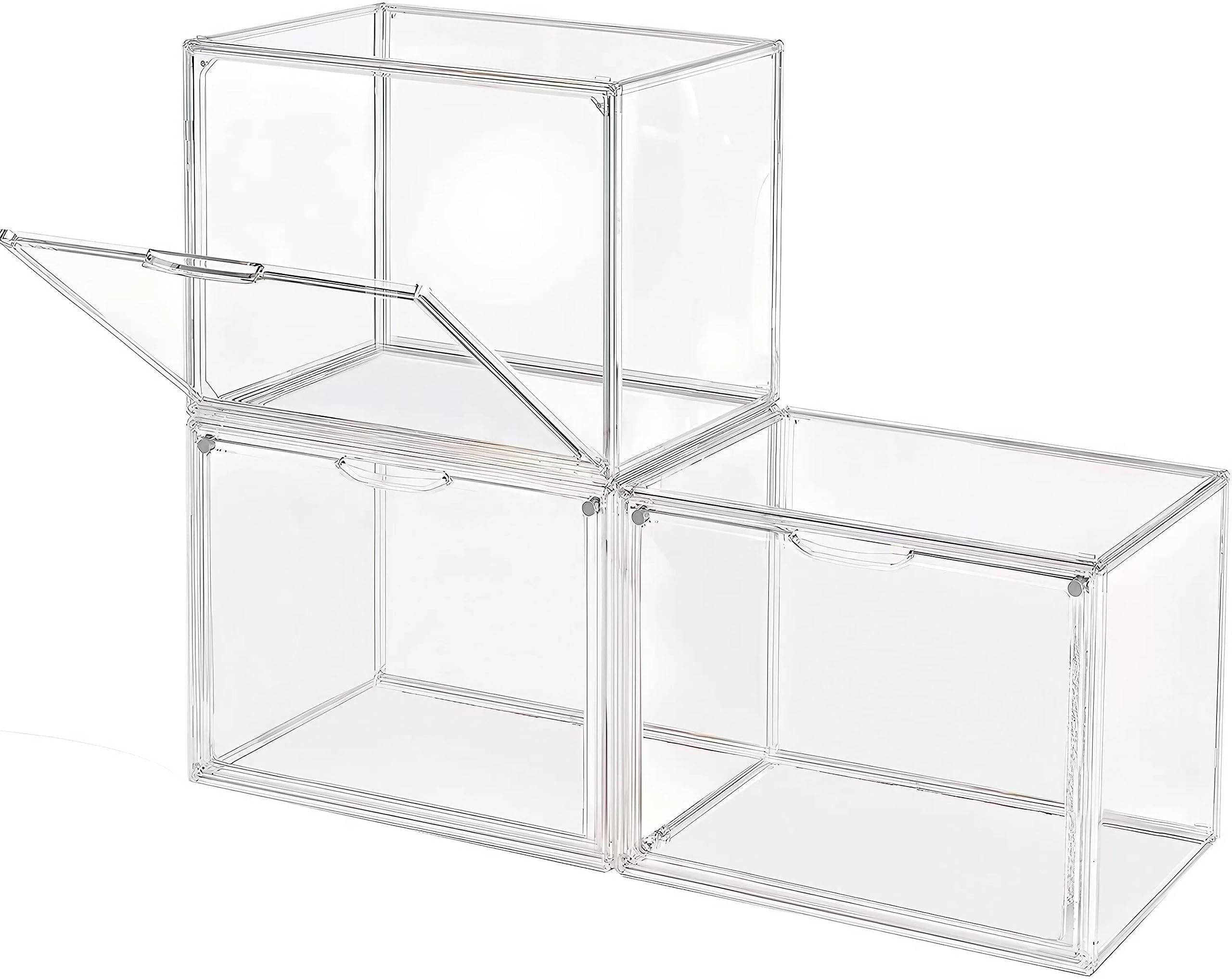 Transparente stapelbare Kunststoffboxen mit magnetischem Verschluss - Staubdichte Aufbewahrung Vitrine Schaukasten Ideal für Figur, Bücher, Kosmetik, Schuhe und Handtaschen (3er Set) Transparent - 3er Set Angebot bei HelloDeals