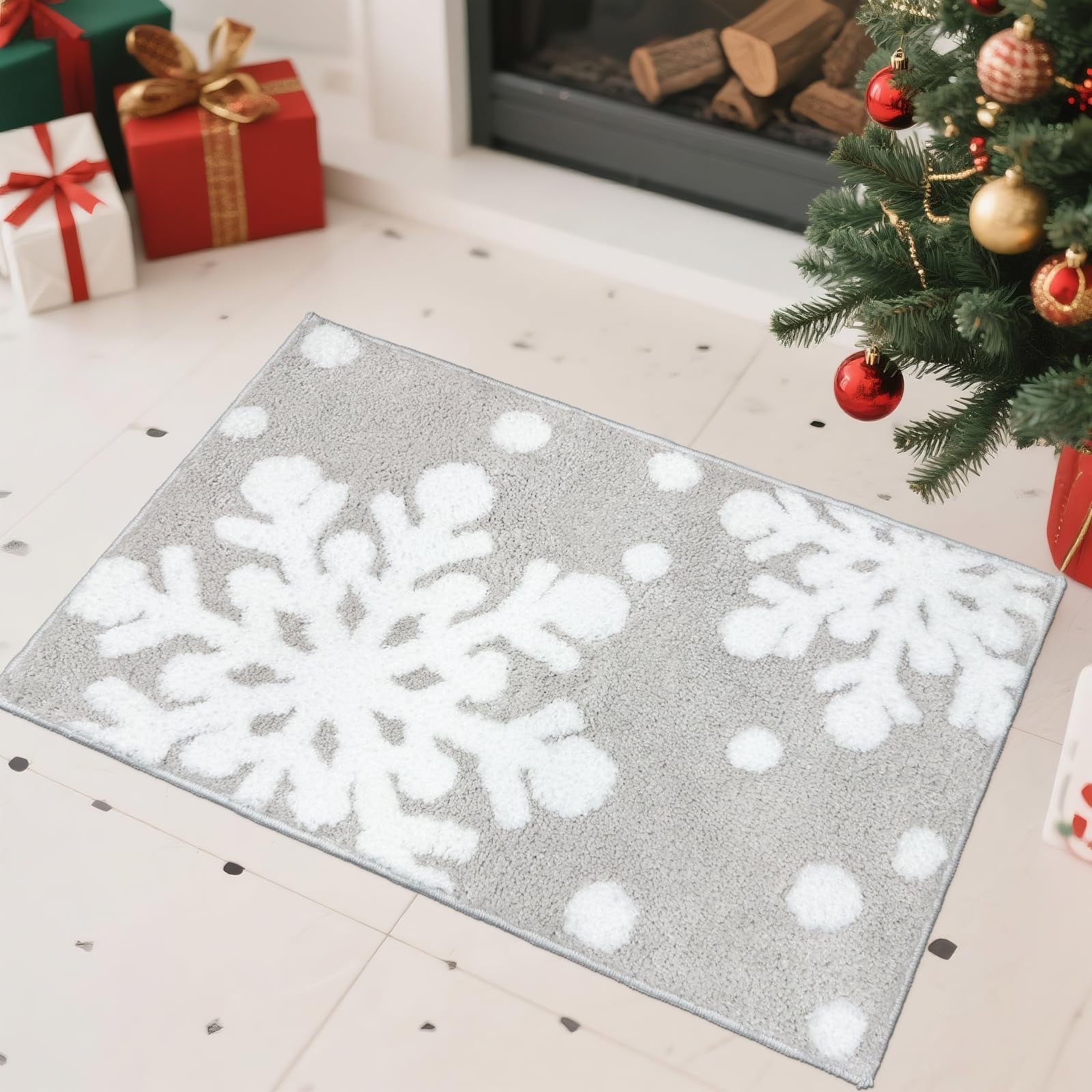 AIBILIN Weihnachtsteppich, rutschfeste Schneeflocke, graue Matte für Badezimmer, Urlaub, getuftete Bodenmatte, Wohnzimmer, Küche, Schlafzimmer, Weihnachtsdekoration, Requisiten, 80 x 50 cm Angebot bei HelloDeals